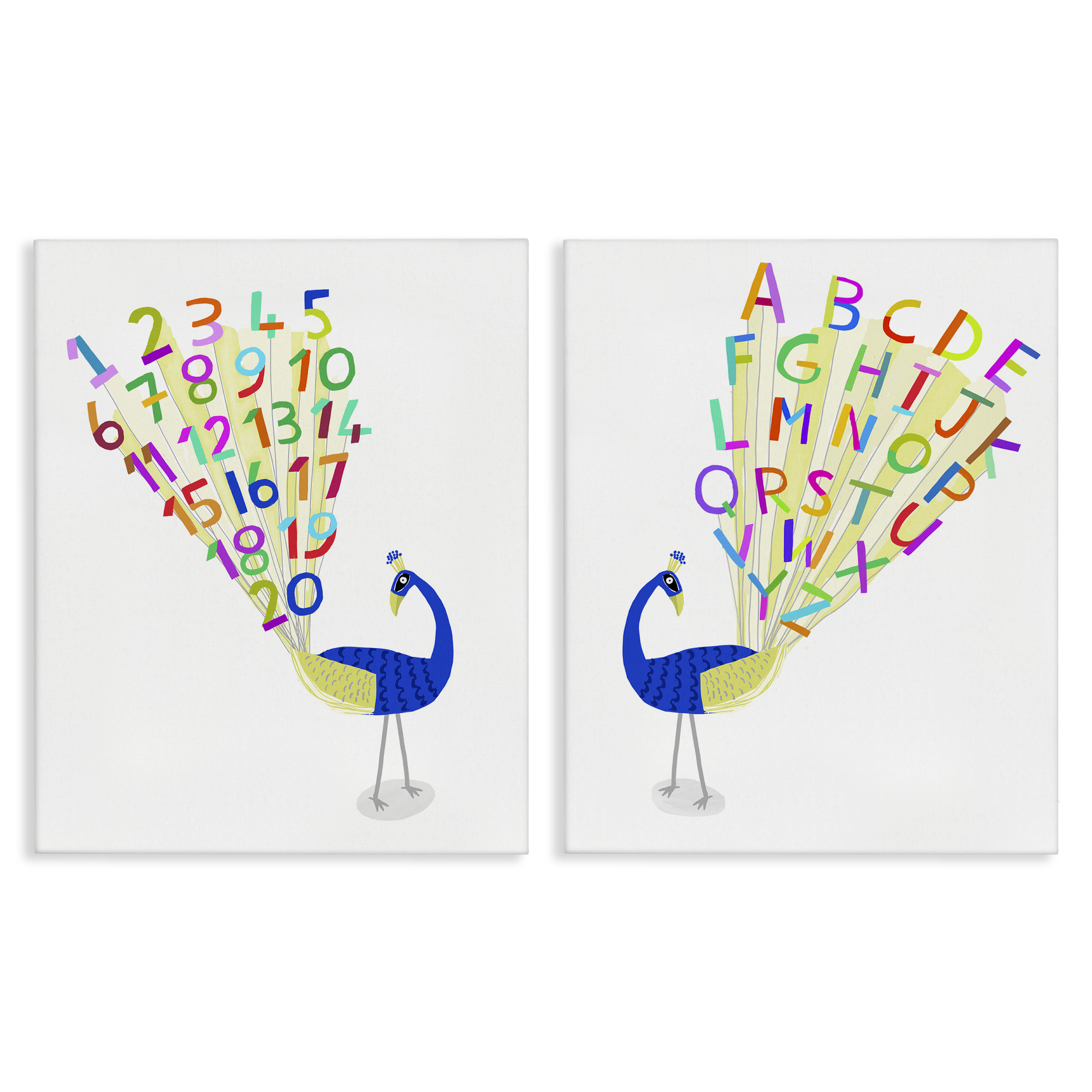 Stupell Industries Peacock Alphabet Numbers Education Painting Wrapped Canvas Art Print Wall Art, 16 x 20, Set of 2