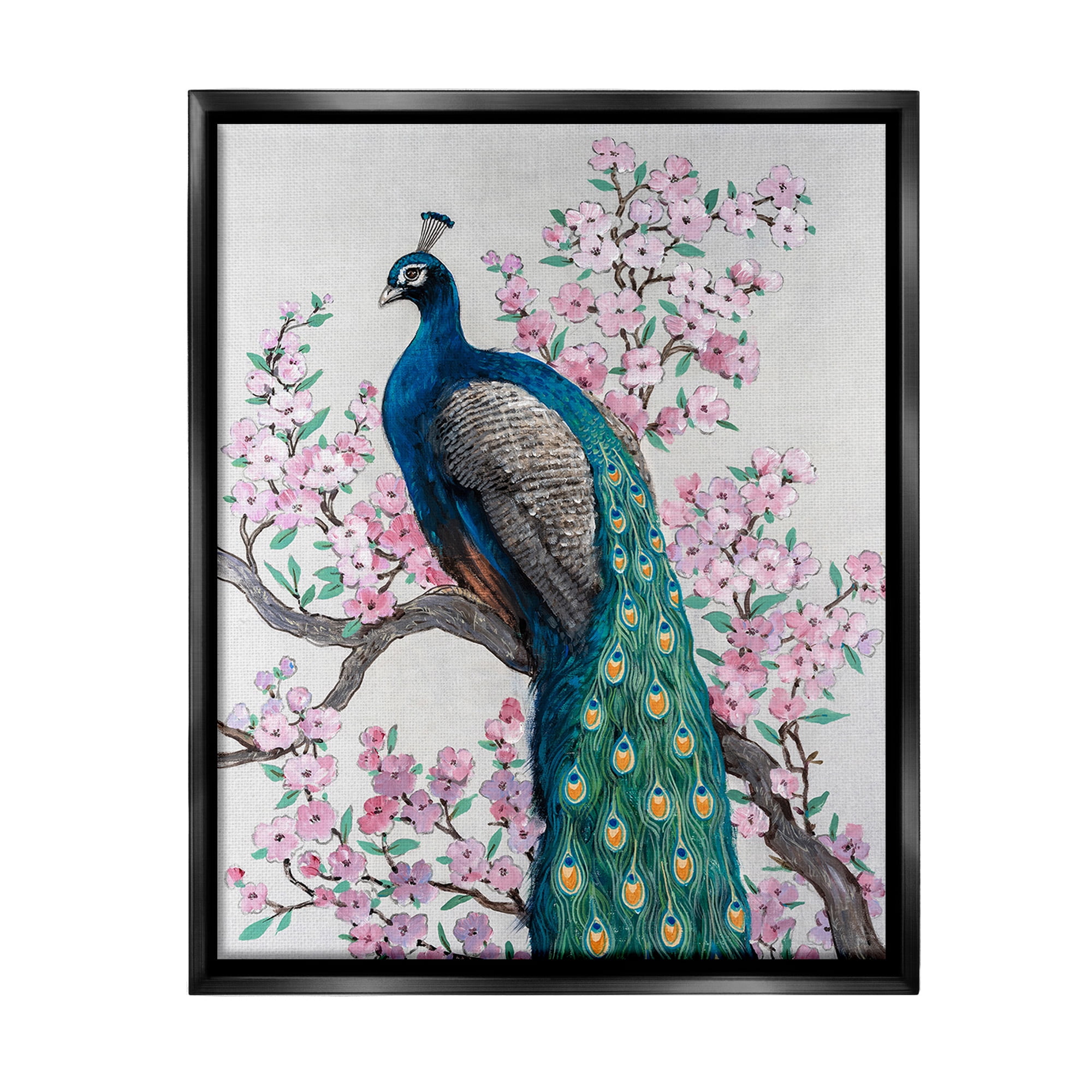 Stupell Industries Peacock & Cherry Blossoms Animals & Insects Painting Black Floater Framed Canvas Art Print Wall Art, 25 x 31