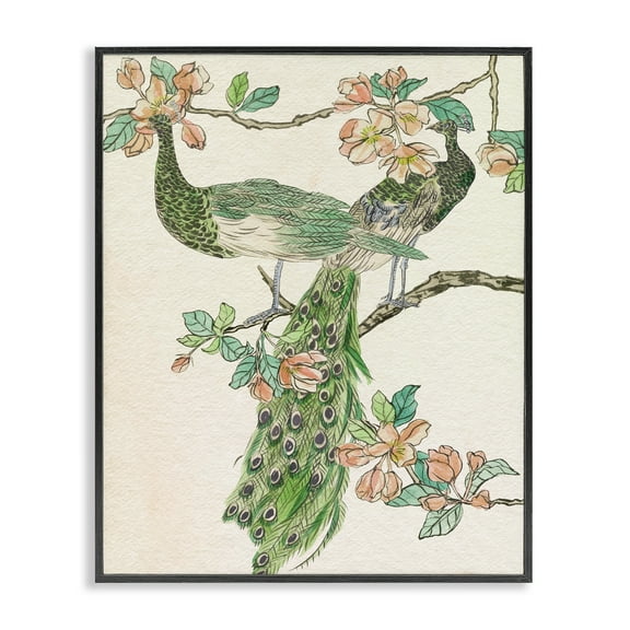 Stupell Industries Peacock & Cherry Blossoms Animals & Insects Painting Black Framed Art Print Wall Art, 11 x 14