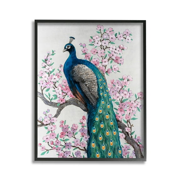 Stupell Industries Peacock & Cherry Blossoms Animals & Insects Painting Black Framed Art Print Wall Art, 11 x 14