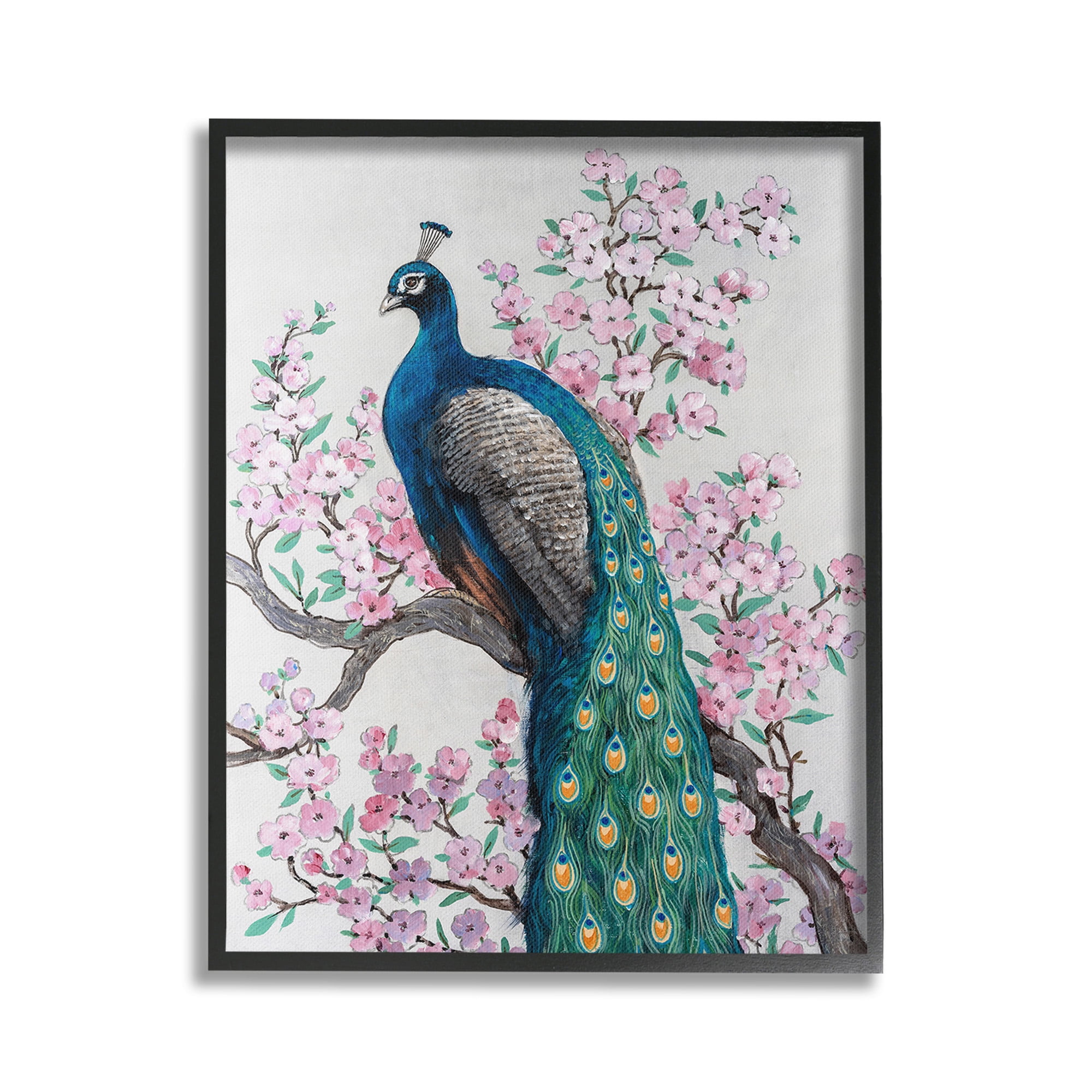 Stupell Industries Peacock & Cherry Blossoms Animals & Insects Painting Black Framed Art Print Wall Art, 24 x 30
