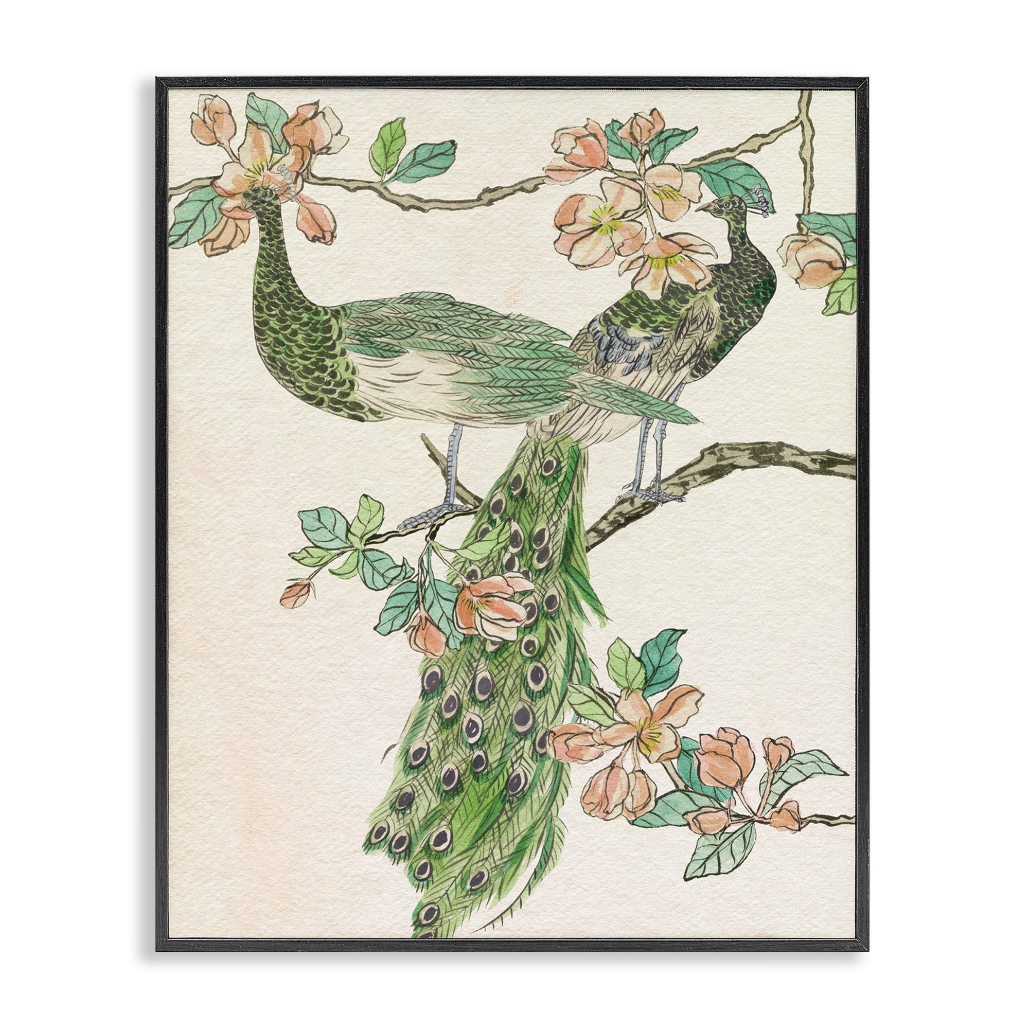 Stupell Industries Peacock & Cherry Blossoms Animals & Insects Painting Black Framed Art Print Wall Art, 24 x 30