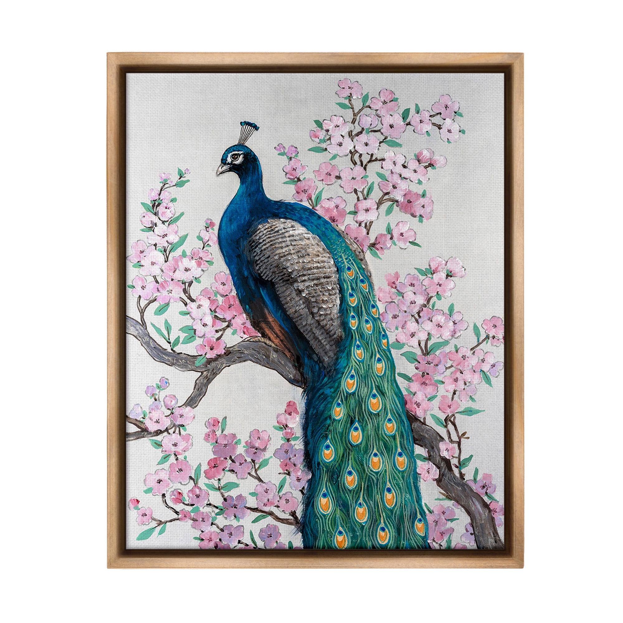Stupell Industries Peacock & Cherry Blossoms Animals & Insects Painting Brown Floater Framed Canvas Art Print Wall Art, 17 x 21