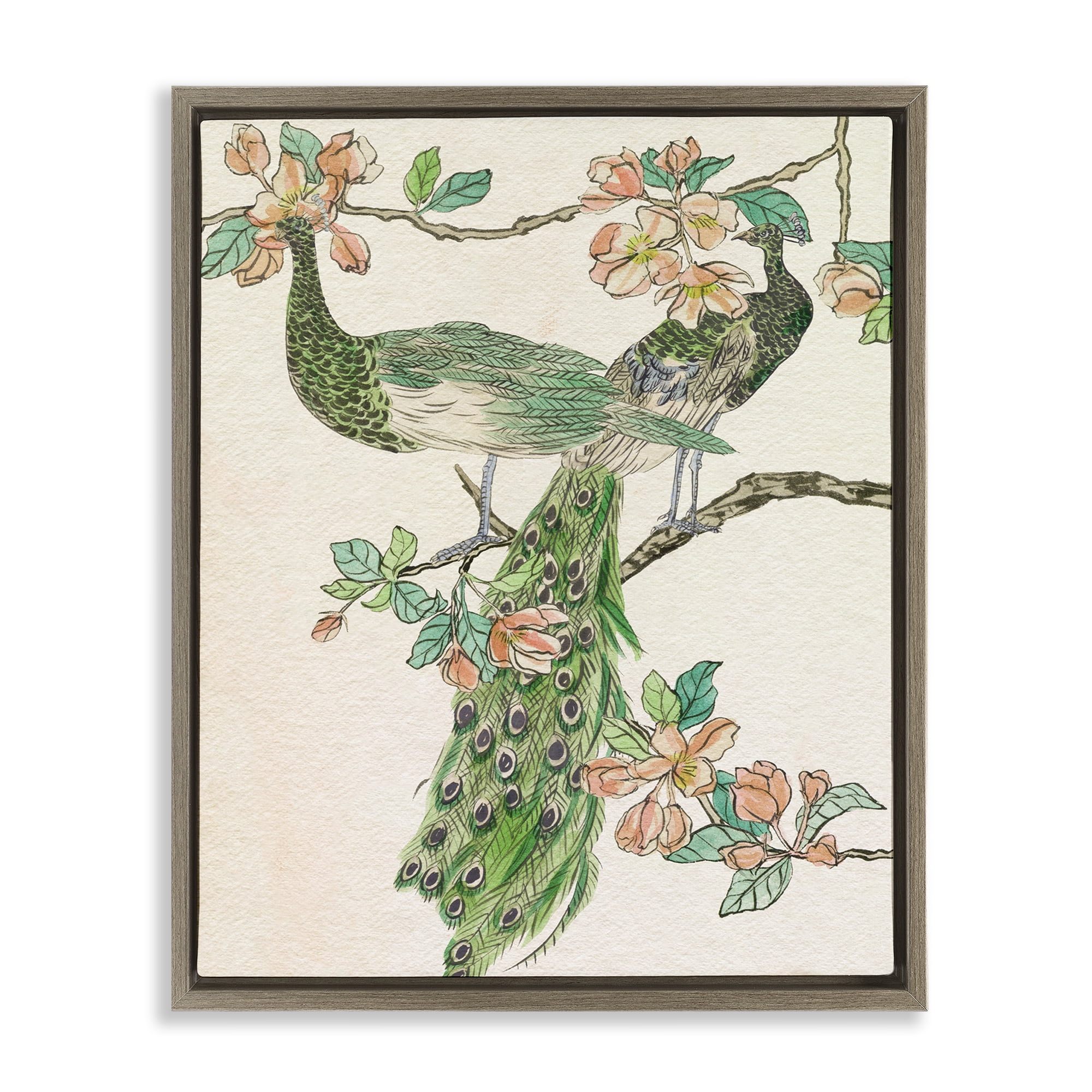 Stupell Industries Peacock & Cherry Blossoms Animals & Insects Painting Brown Floater Framed Canvas Art Print Wall Art, 25 x 31