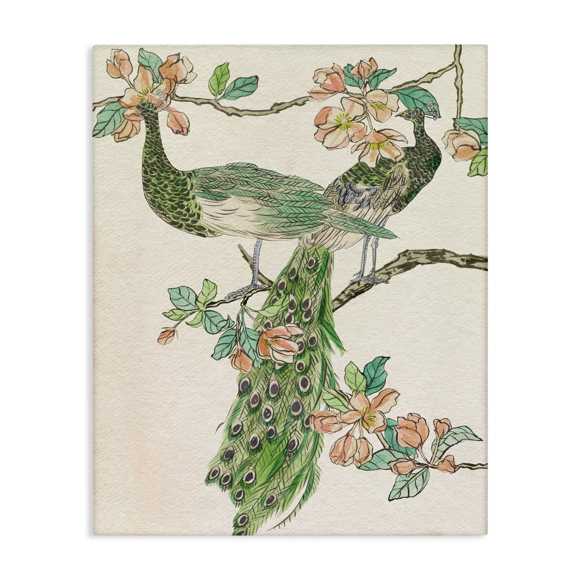 Stupell Industries Peacock & Cherry Blossoms Animals & Insects Painting Gallery Wrapped Canvas Art Print Wall Art, 16 x 20