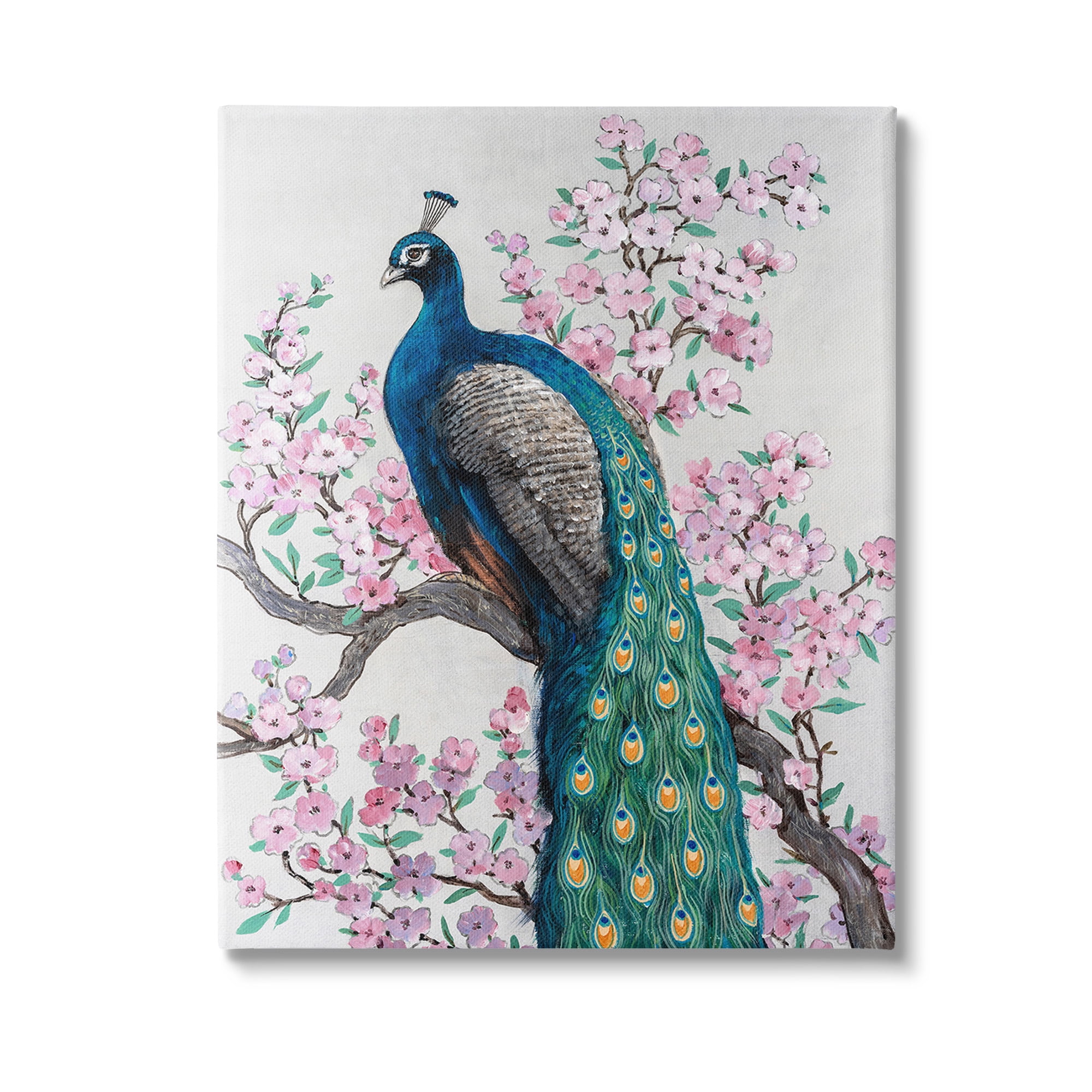 Stupell Industries Peacock & Cherry Blossoms Animals & Insects Painting Gallery Wrapped Canvas Art Print Wall Art, 30 x 40