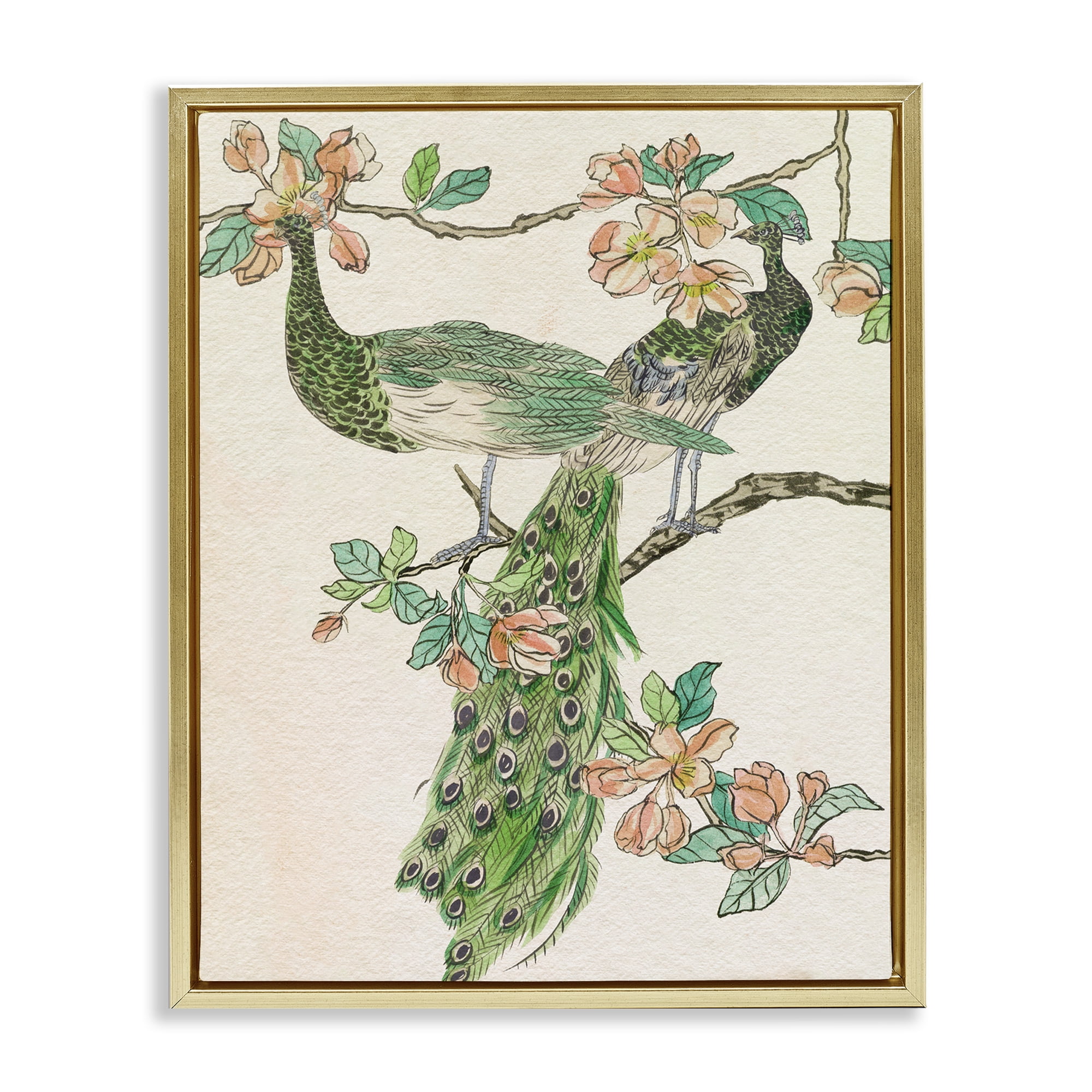 Stupell Industries Peacock & Cherry Blossoms Animals & Insects Painting Gold Floater Framed Canvas Art Print Wall Art, 17 x 21