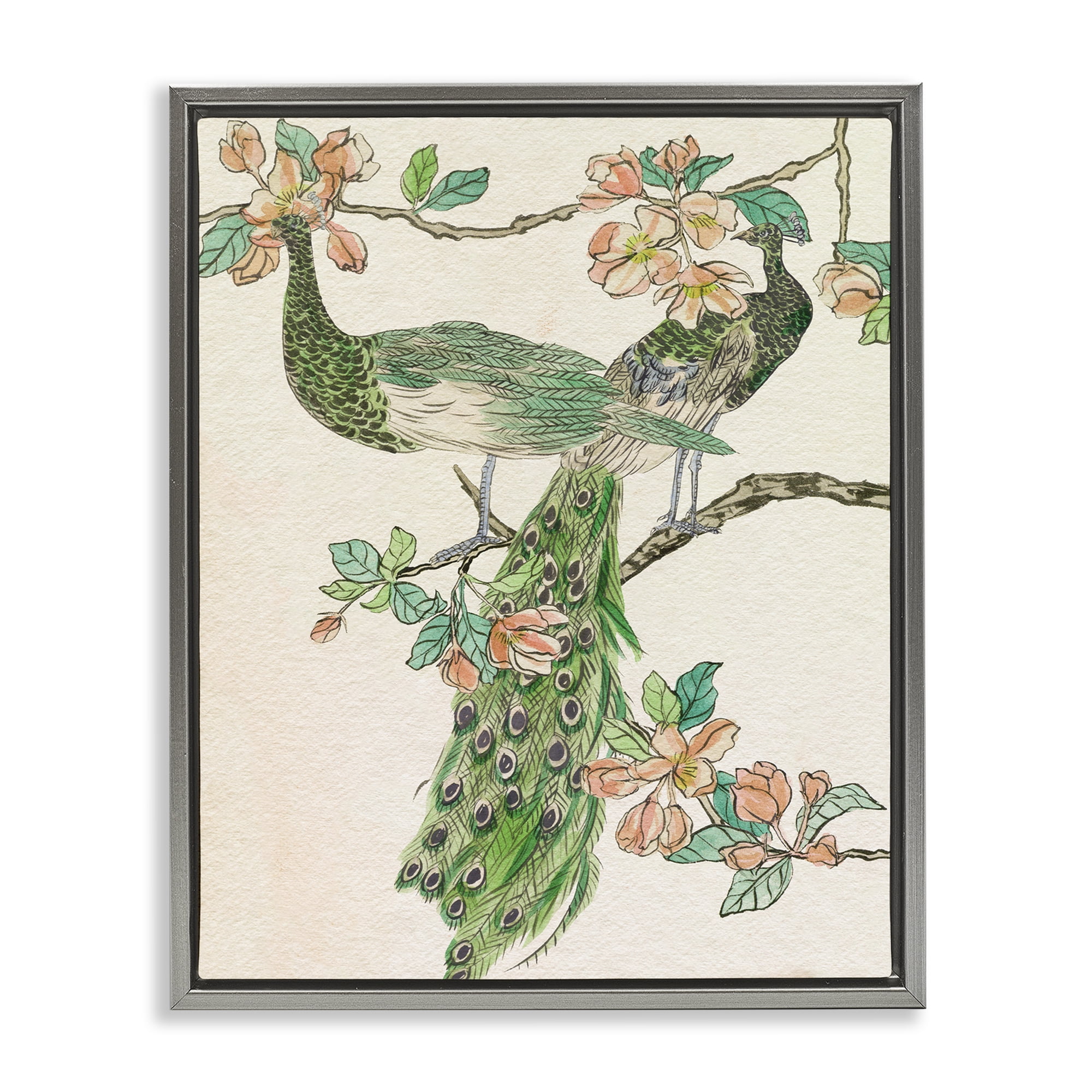 Stupell Industries Peacock & Cherry Blossoms Animals & Insects Painting Gray Floater Framed Canvas Art Print Wall Art, 17 x 21