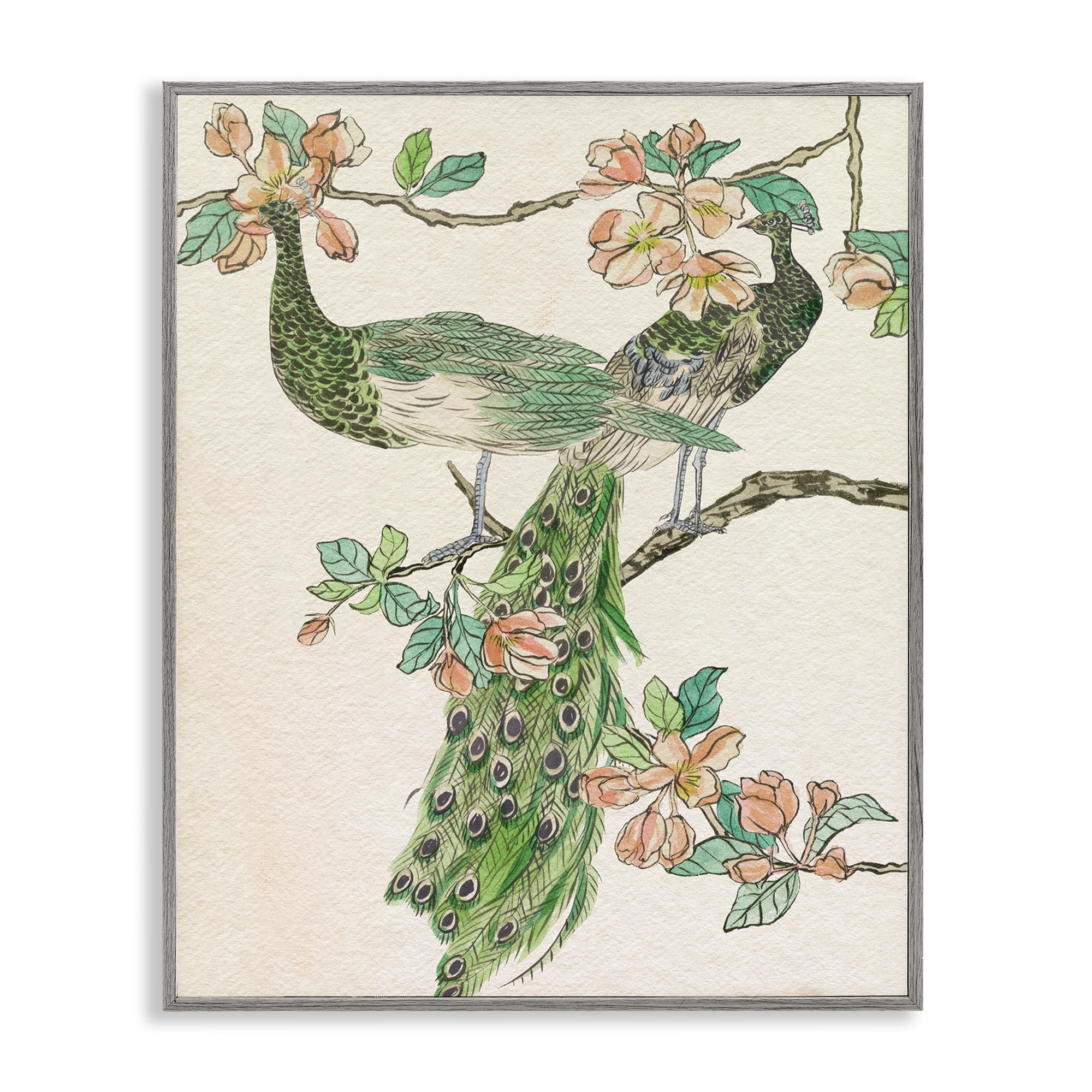 Stupell Industries Peacock & Cherry Blossoms Animals & Insects Painting Gray Framed Art Print Wall Art, 24 x 30