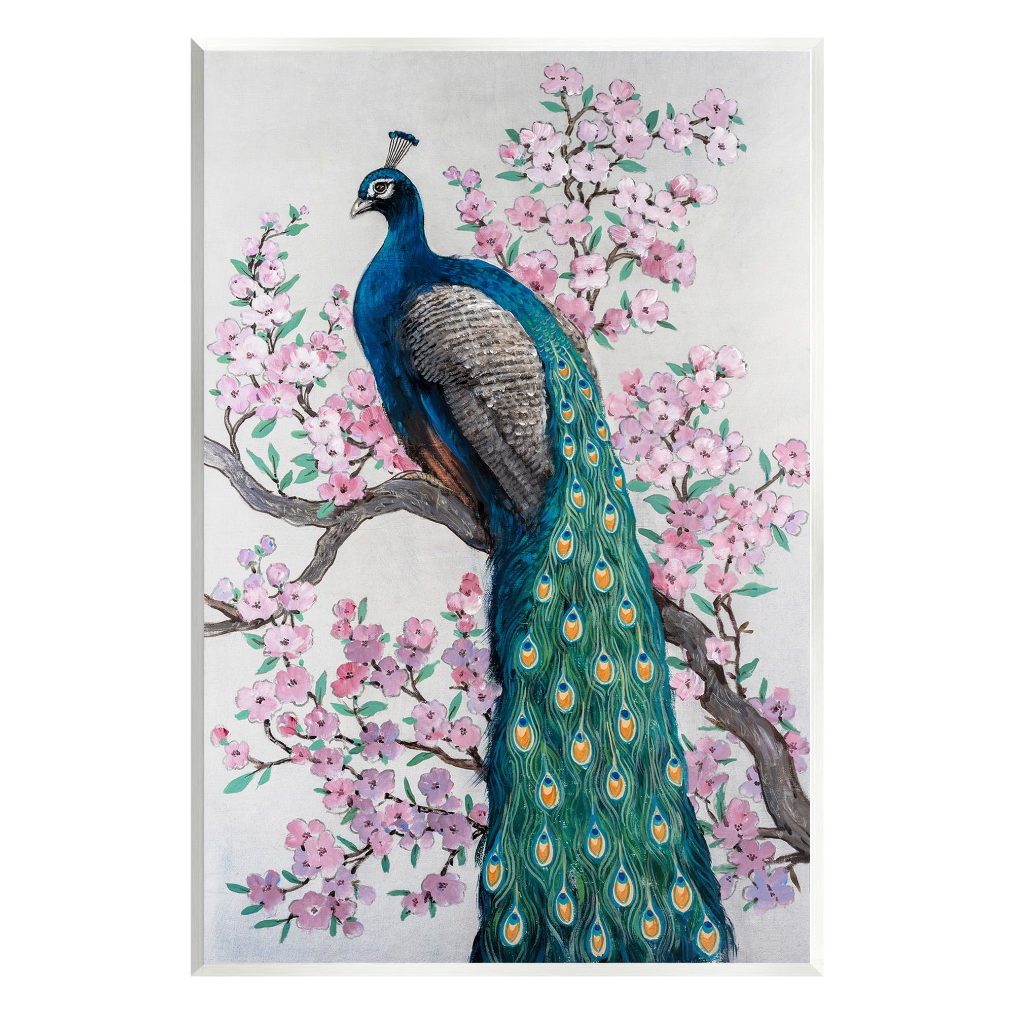 Stupell Industries Peacock & Cherry Blossoms Animals & Insects Painting Unframed Art Print Wall Art, 13 x 19