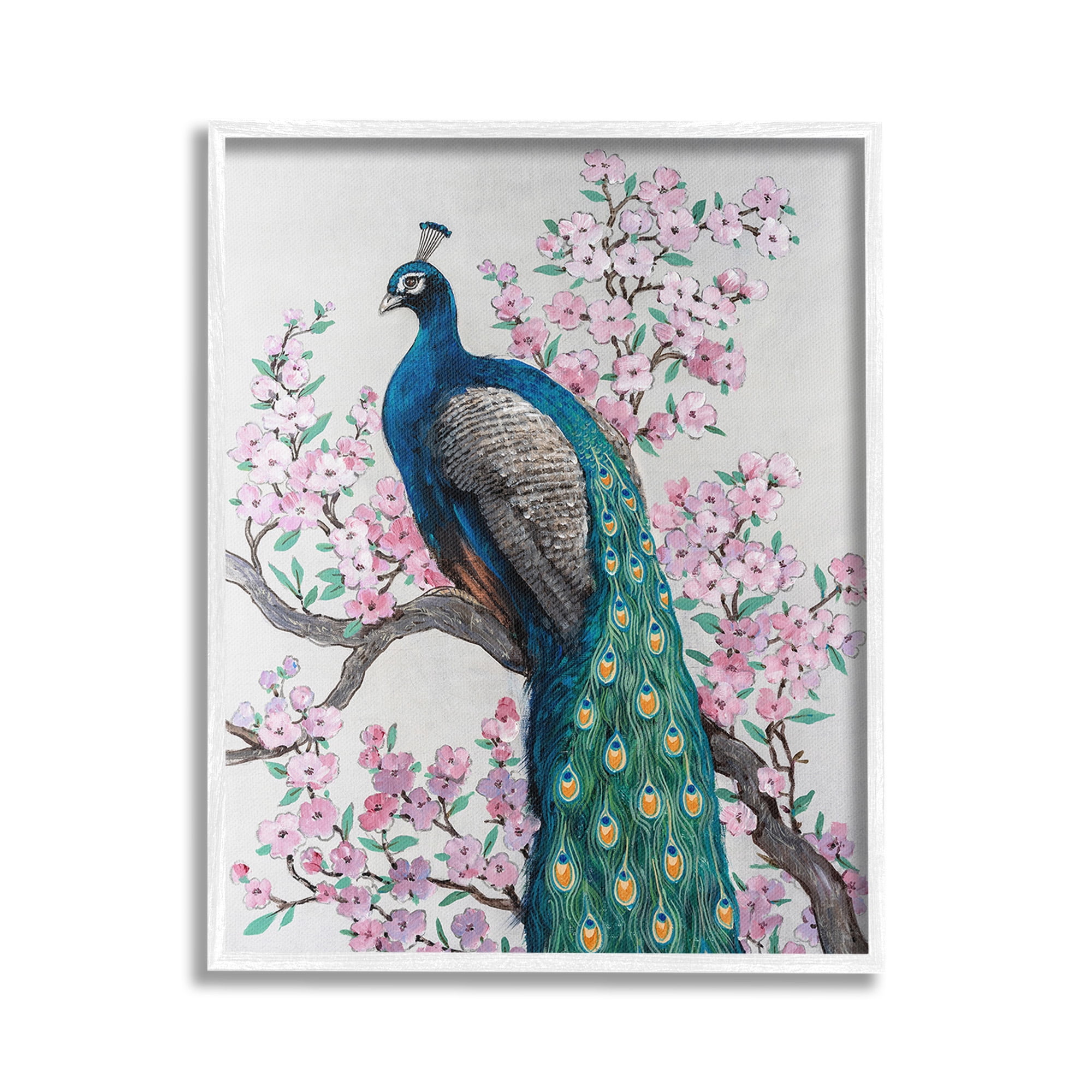 Stupell Industries Peacock & Cherry Blossoms Animals & Insects Painting White Framed Art Print Wall Art, 16 x 20