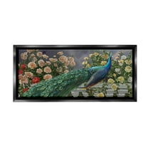 Stupell Industries Peacock & Cottage Blossoms Animals & Insects Painting Black Floater Framed Canvas Art Print Wall Art, 25 x 11
