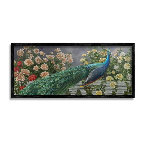 Stupell Industries Peacock & Cottage Blossoms Animals & Insects Painting Black Framed Art Print Wall Art, 24 x 10