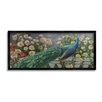 Stupell Industries Peacock & Cottage Blossoms Animals & Insects Painting Black Framed Art Print Wall Art, 24 x 10