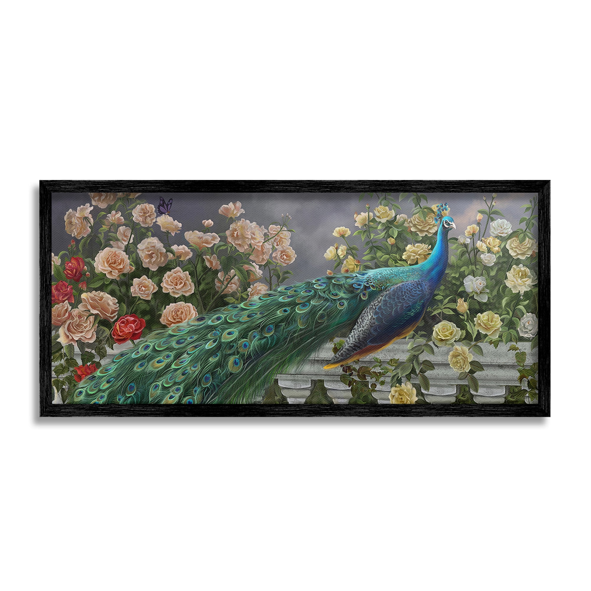 Stupell Industries Peacock & Cottage Blossoms Animals & Insects Painting Black Framed Art Print Wall Art, 30 x 13