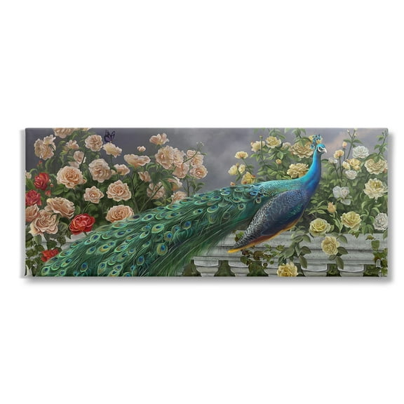 Stupell Industries Peacock & Cottage Blossoms Animals & Insects Painting Gallery Wrapped Canvas Art Print Wall Art, 24 x 10