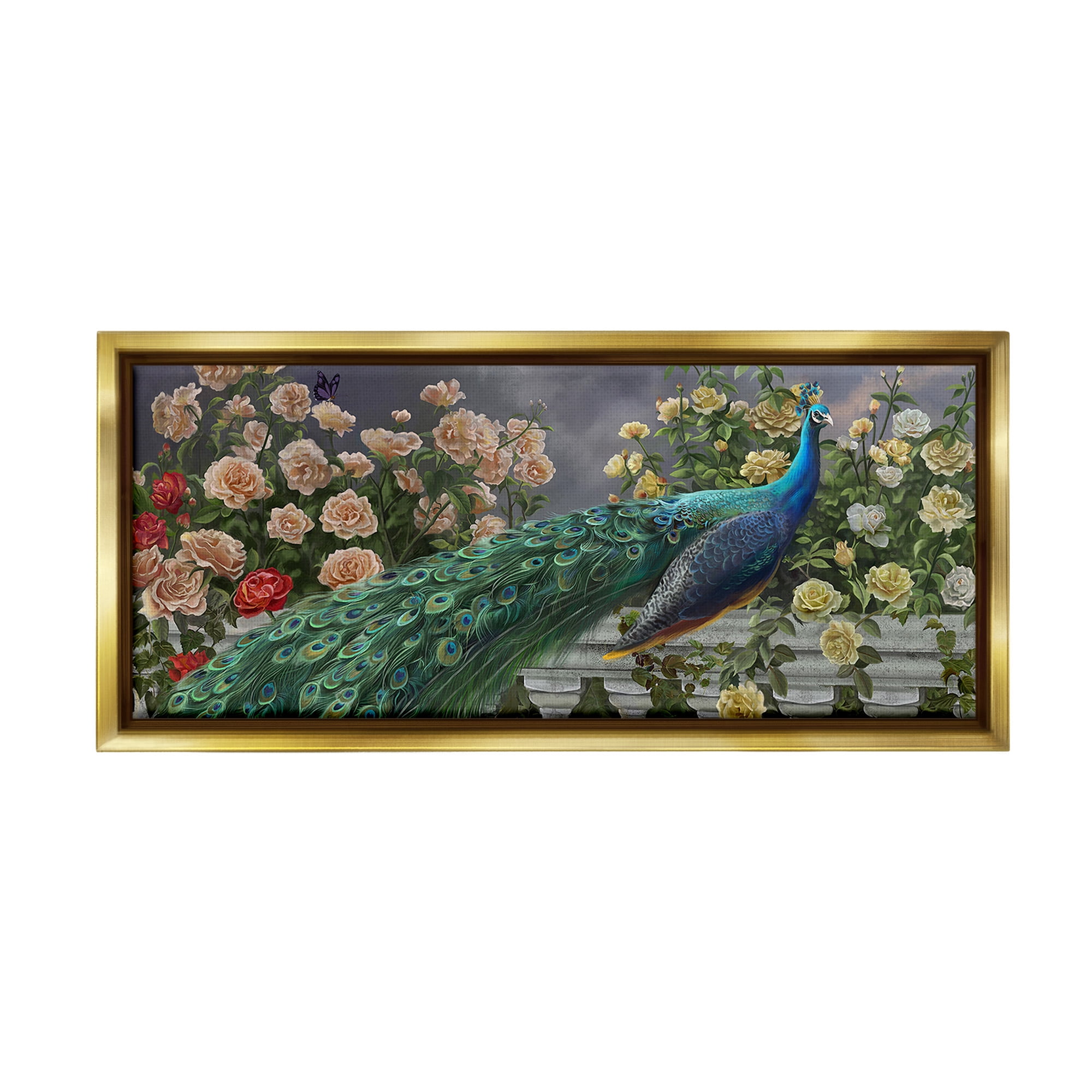 Stupell Industries Peacock & Cottage Blossoms Animals & Insects Painting Gold Floater Framed Canvas Art Print Wall Art, 25 x 11
