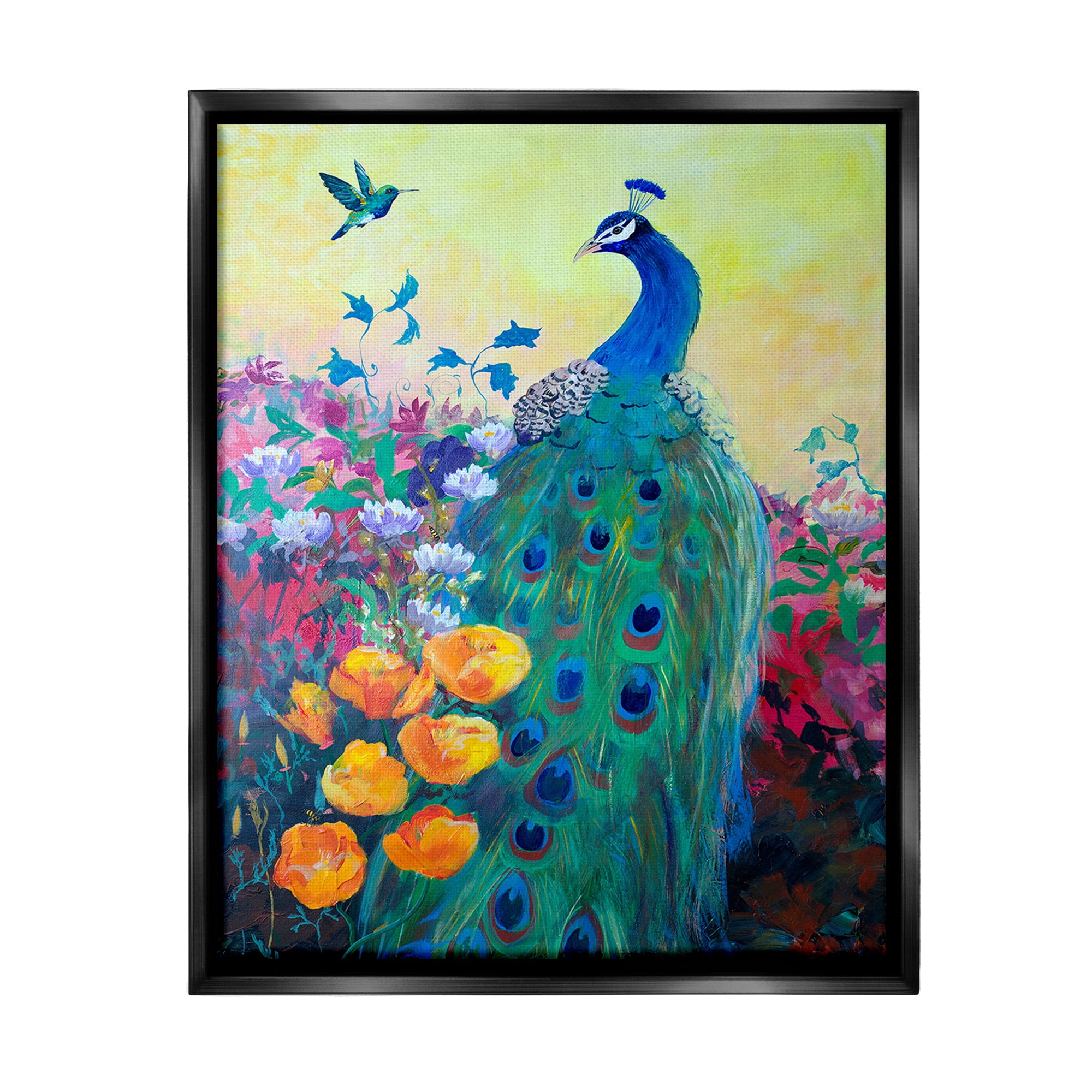 Stupell Industries Peacock & Garden Flowers Animals & Insects Painting Black Floater Framed Canvas Art Print Wall Art, 25 x 31