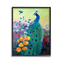 Stupell Industries Peacock & Garden Flowers Animals & Insects Painting Black Framed Art Print Wall Art, 11 x 14