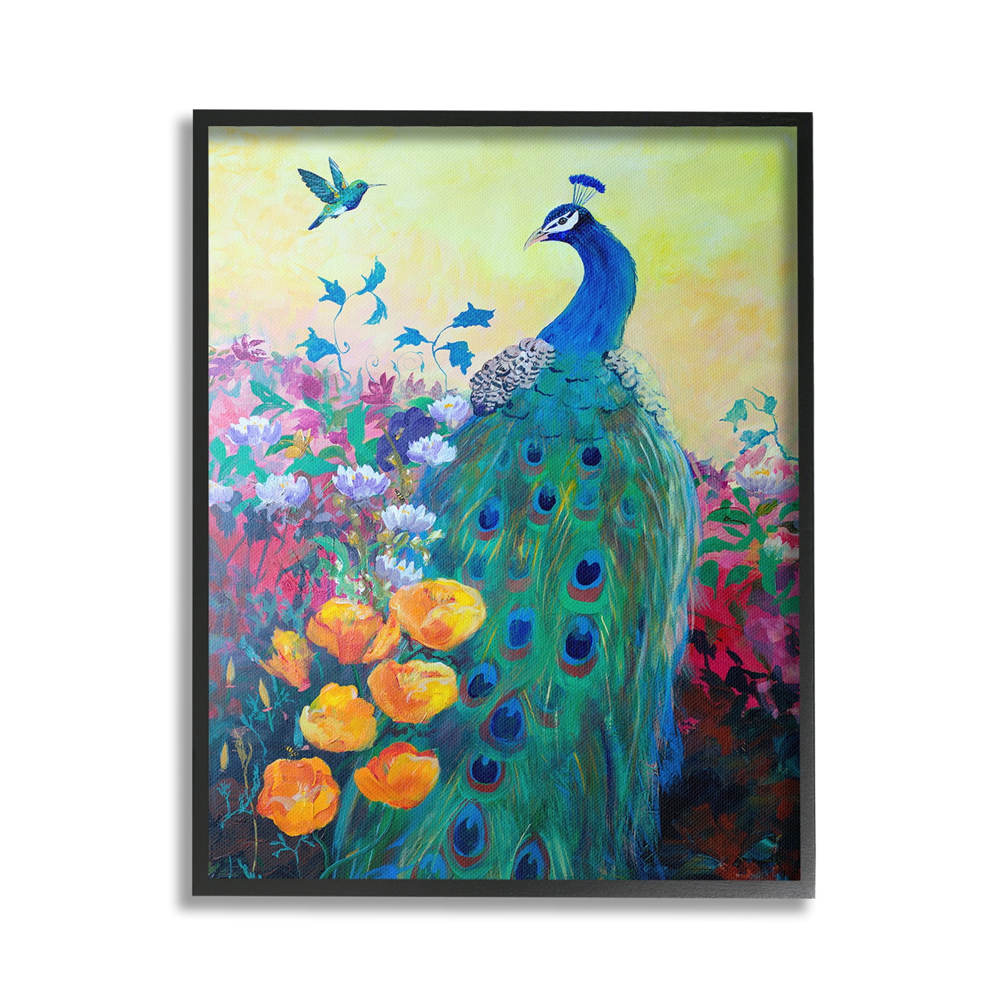 Stupell Industries Peacock & Garden Flowers Animals & Insects Painting Black Framed Art Print Wall Art, 24 x 30