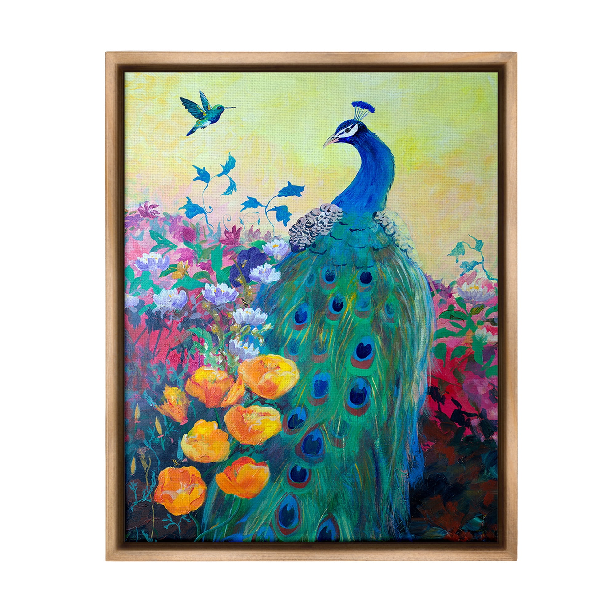 Stupell Industries Peacock & Garden Flowers Animals & Insects Painting Brown Floater Framed Canvas Art Print Wall Art, 25 x 31