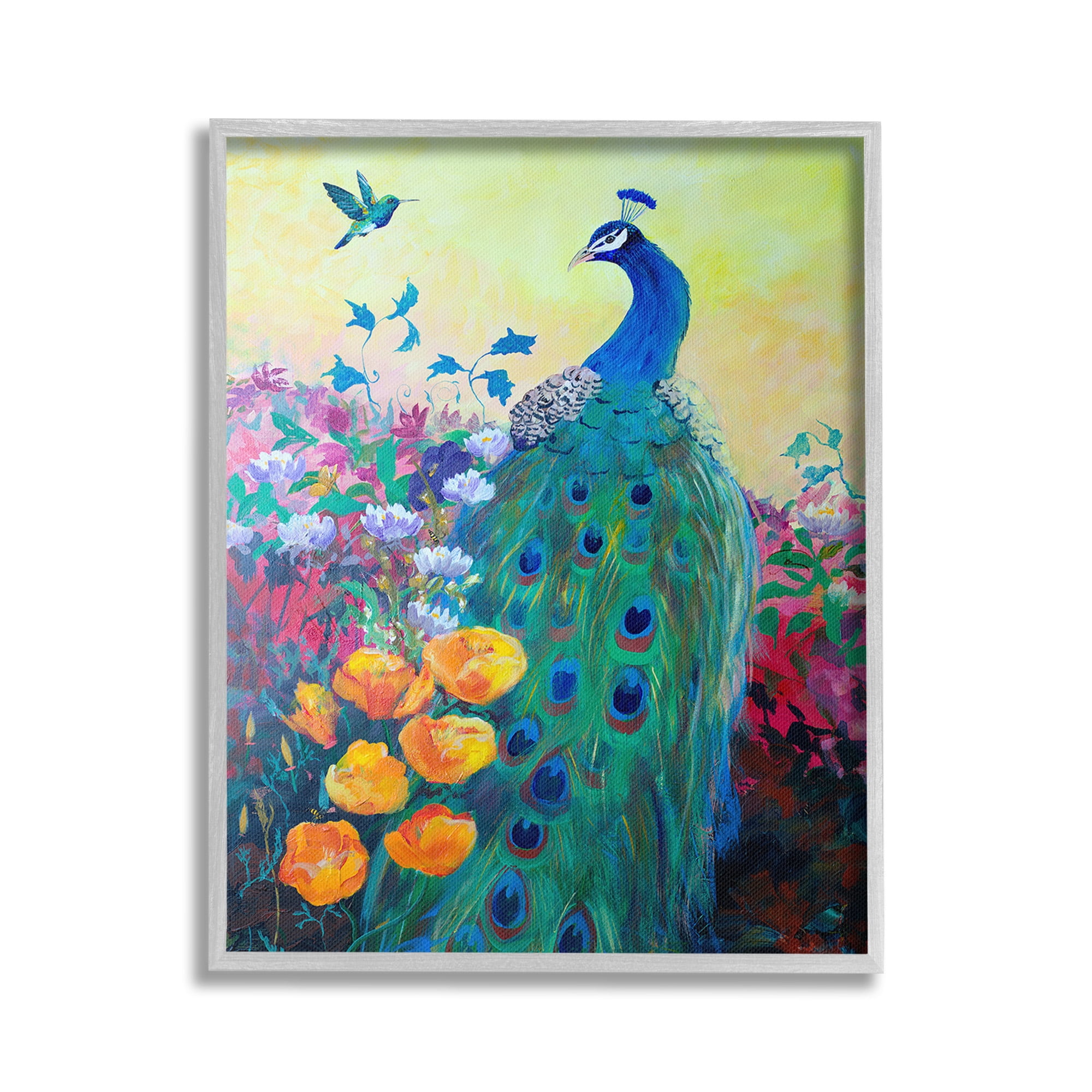 Stupell Industries Peacock & Garden Flowers Animals & Insects Painting Gray Framed Art Print Wall Art, 24 x 30