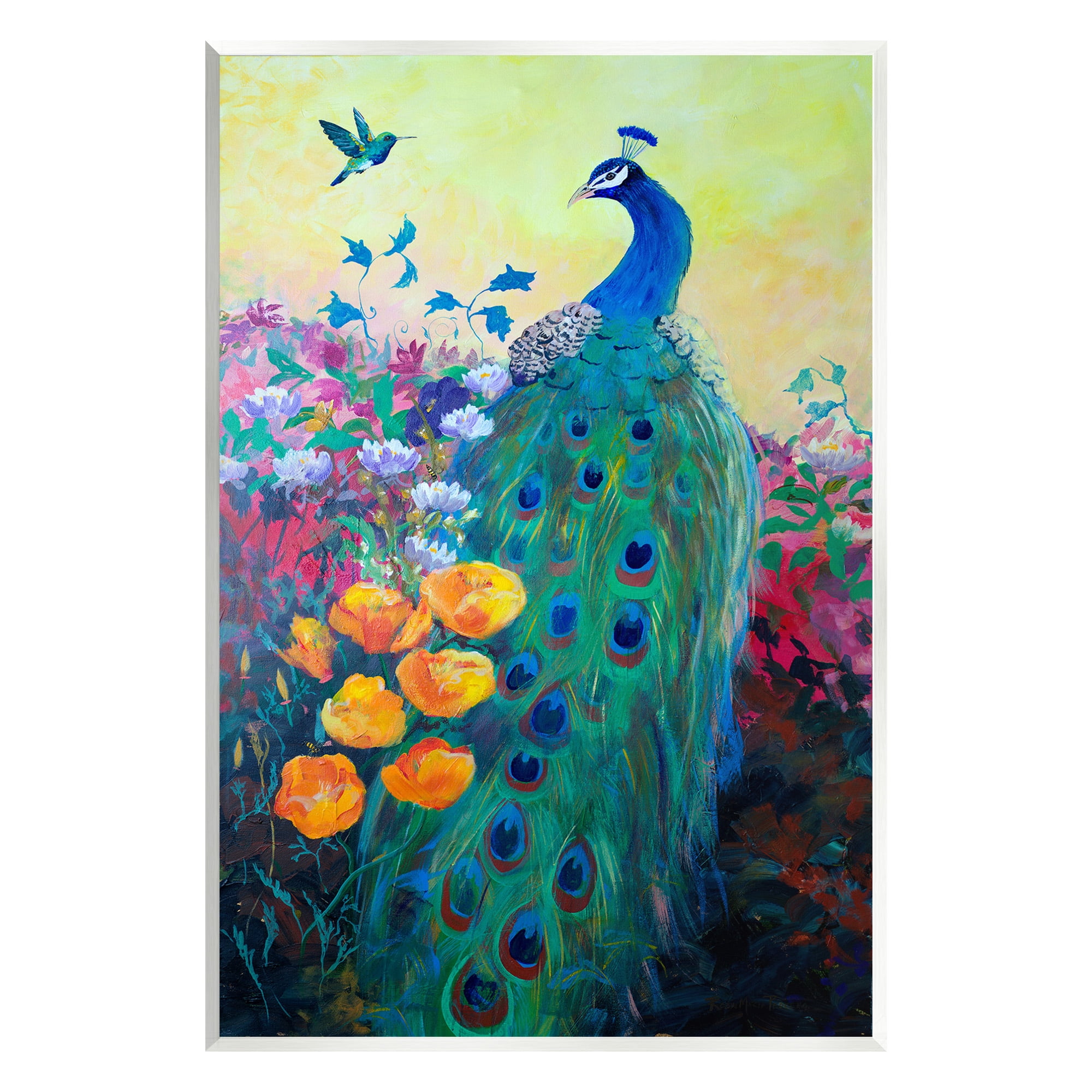Stupell Industries Peacock & Garden Flowers Animals & Insects Painting Unframed Art Print Wall Art, 13 x 19