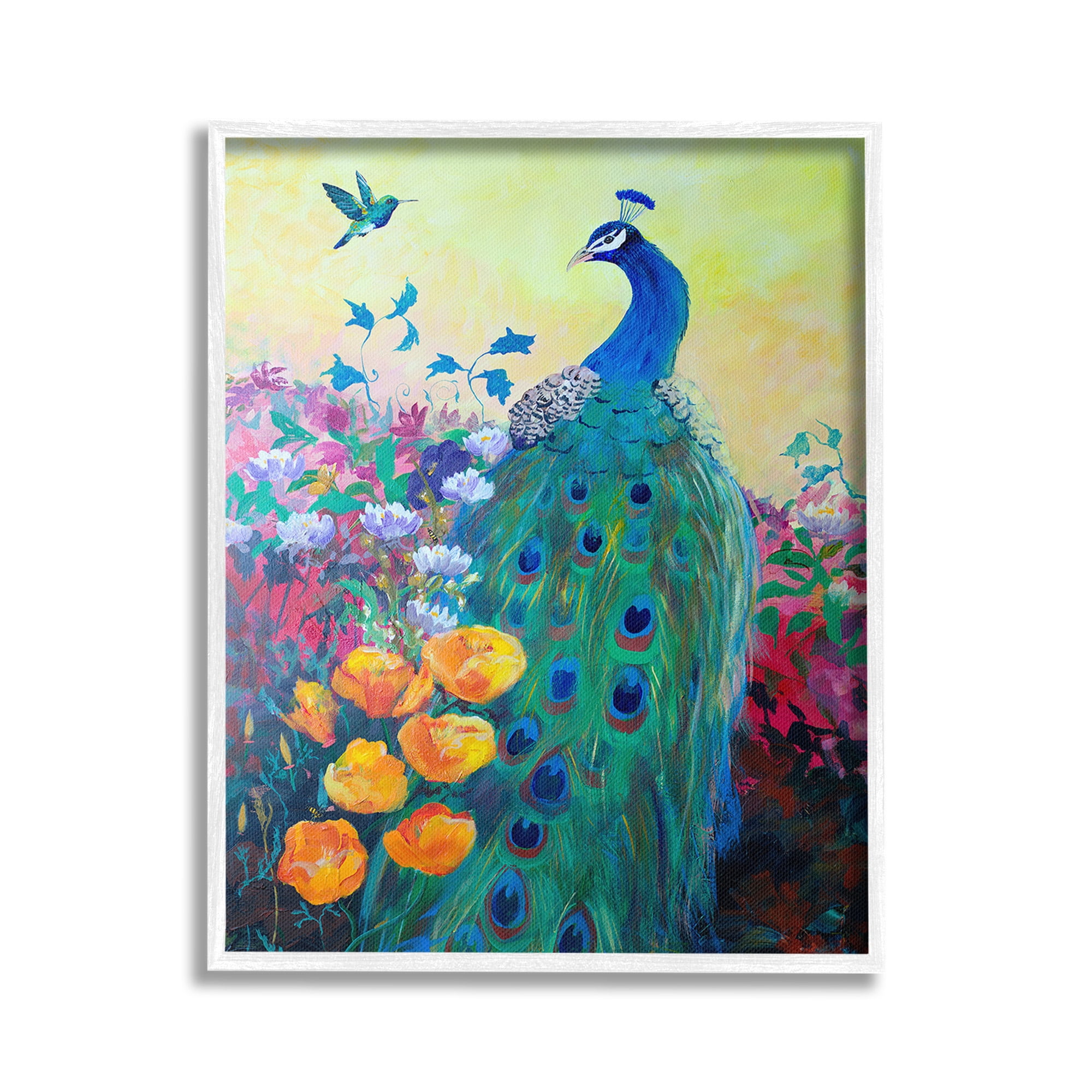 Stupell Industries Peacock & Garden Flowers Animals & Insects Painting White Framed Art Print Wall Art, 24 x 30