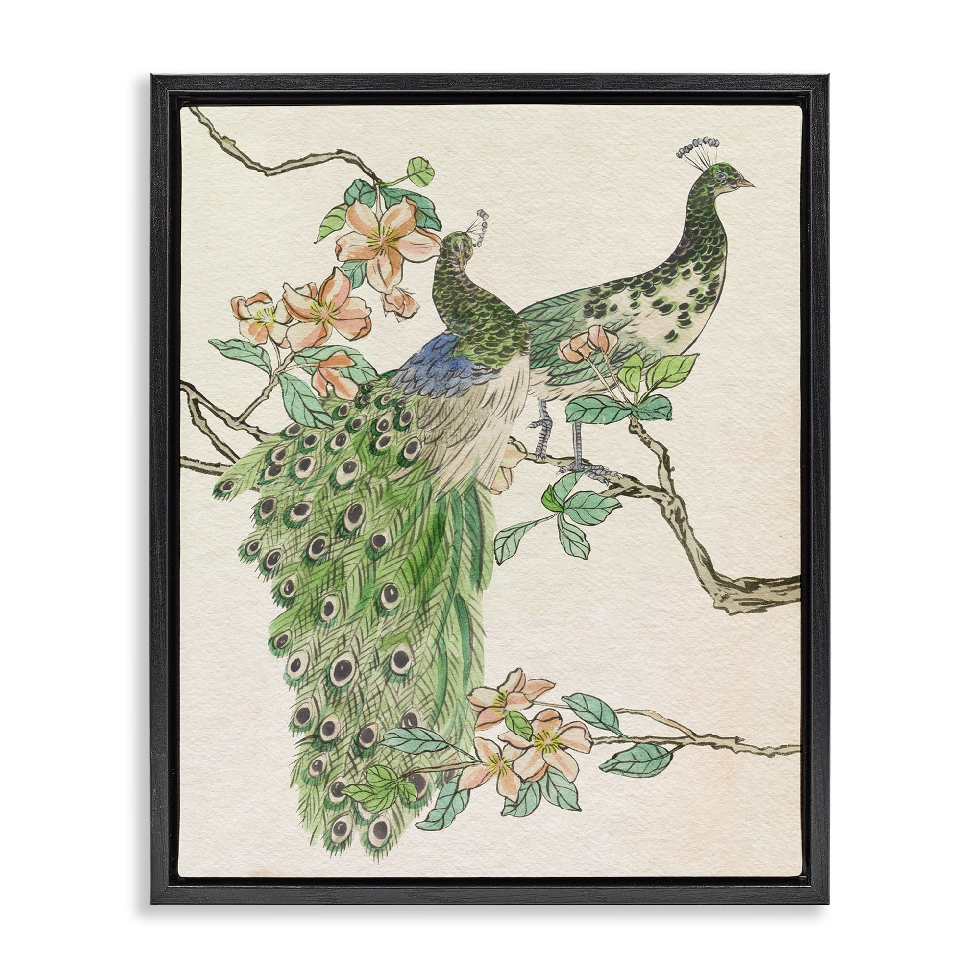 Stupell Industries Peacock Pair on Branch Animals & Insects Painting Black Floater Framed Canvas Art Print Wall Art, 17 x 21