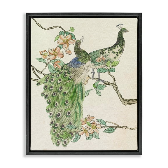 Stupell Industries Peacock Pair on Branch Animals & Insects Painting Black Floater Framed Canvas Art Print Wall Art, 17 x 21