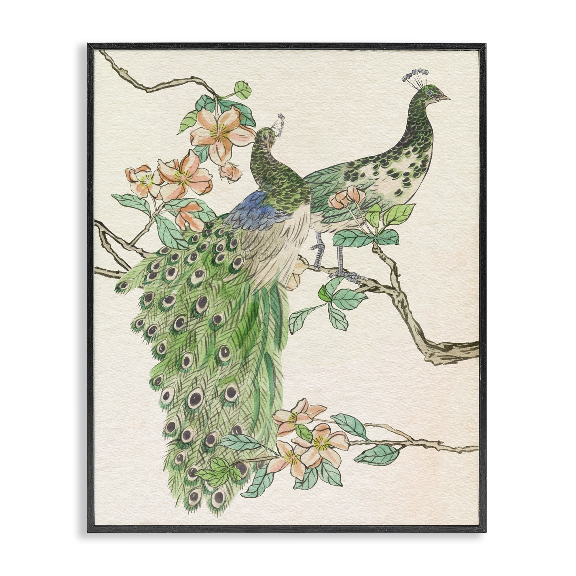 Stupell Industries Peacock Pair on Branch Animals & Insects Painting Black Framed Art Print Wall Art, 24 x 30