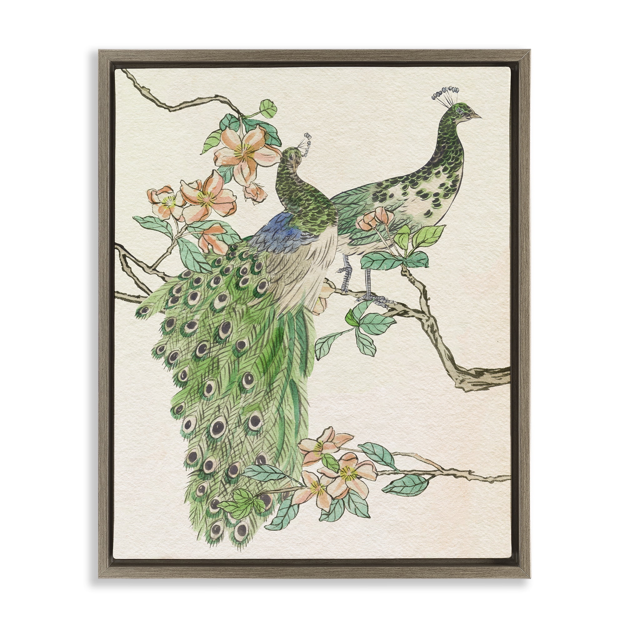 Stupell Industries Peacock Pair on Branch Animals & Insects Painting Brown Floater Framed Canvas Art Print Wall Art, 17 x 21