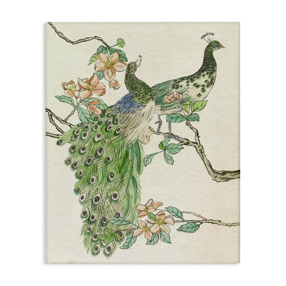 Stupell Industries Peacock Pair on Branch Animals & Insects Painting Gallery Wrapped Canvas Art Print Wall Art, 16 x 20
