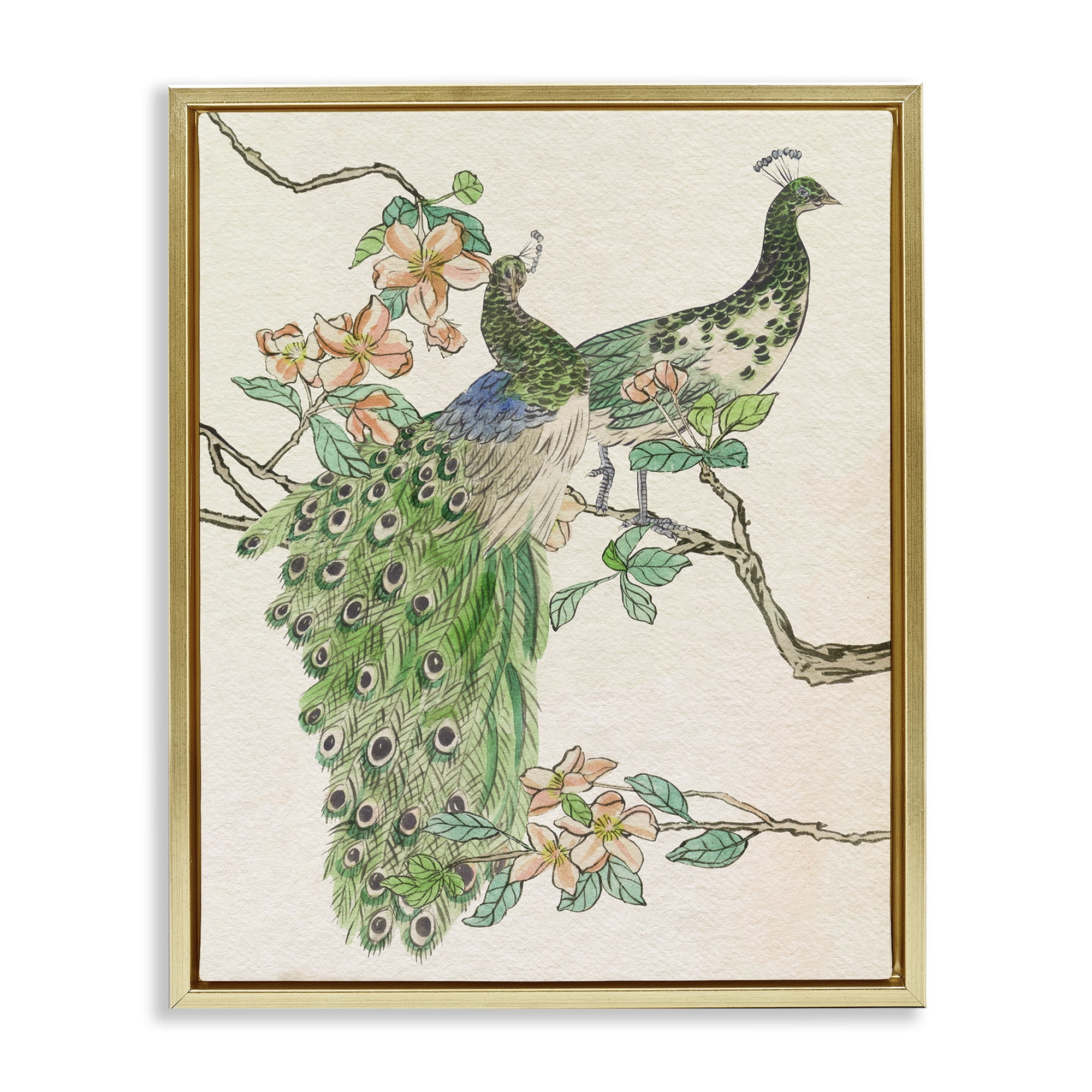 Stupell Industries Peacock Pair on Branch Animals & Insects Painting Gold Floater Framed Canvas Art Print Wall Art, 25 x 31