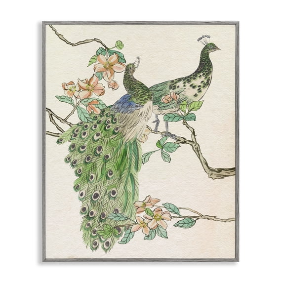 Stupell Industries Peacock Pair on Branch Animals & Insects Painting Gray Framed Art Print Wall Art, 11 x 14