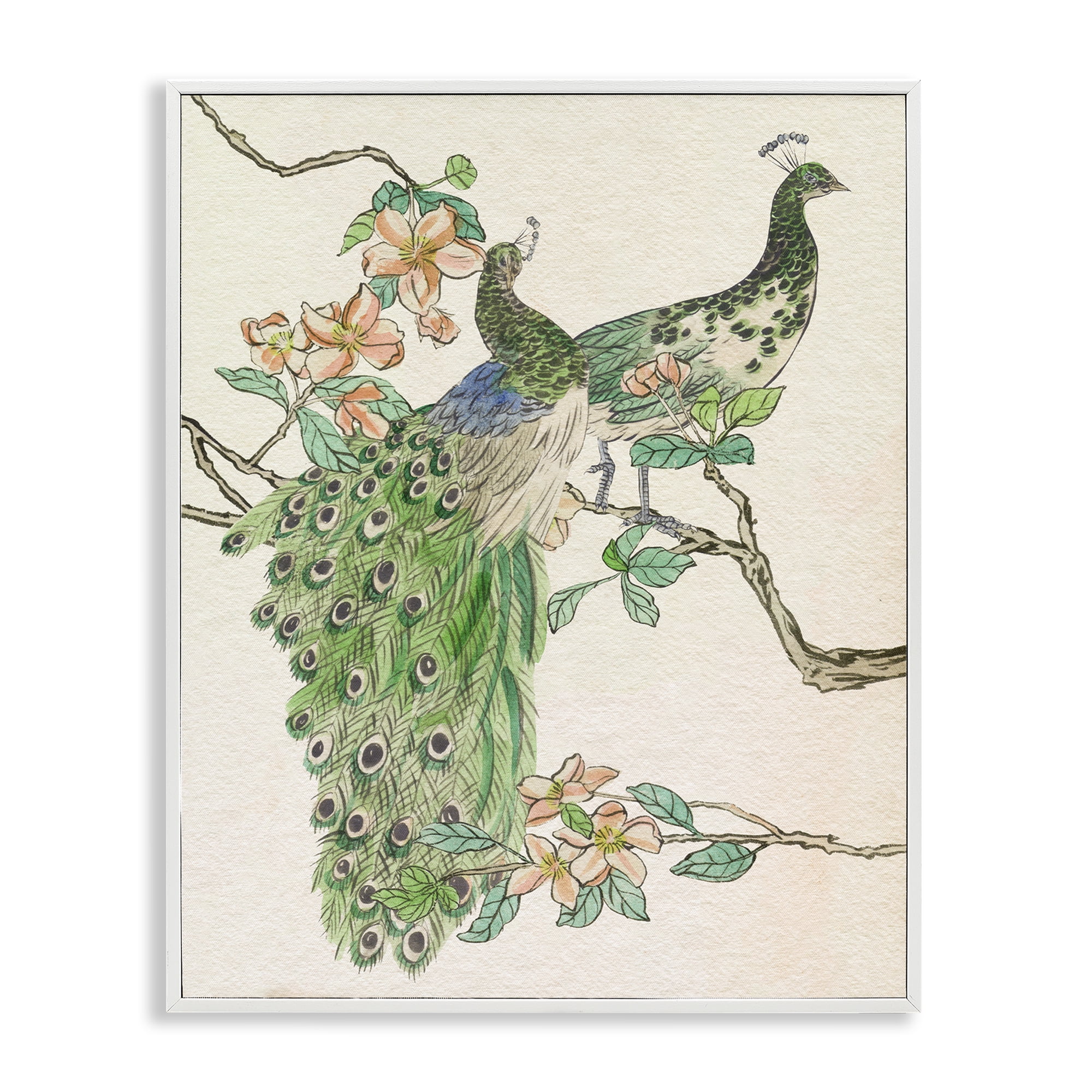 Stupell Industries Peacock Pair on Branch Animals & Insects Painting White Framed Art Print Wall Art, 11 x 14