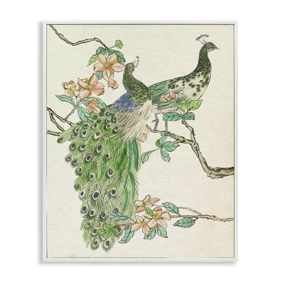 Stupell Industries Peacock Pair on Branch Animals & Insects Painting White Framed Art Print Wall Art, 16 x 20