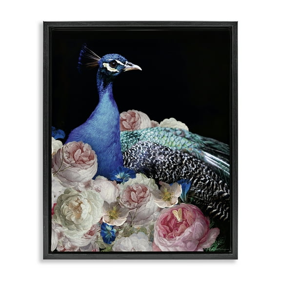 Stupell Industries Peacock & Peonies Animals Painting Black Floater Framed Canvas Art Print Wall Art, 17 x 21