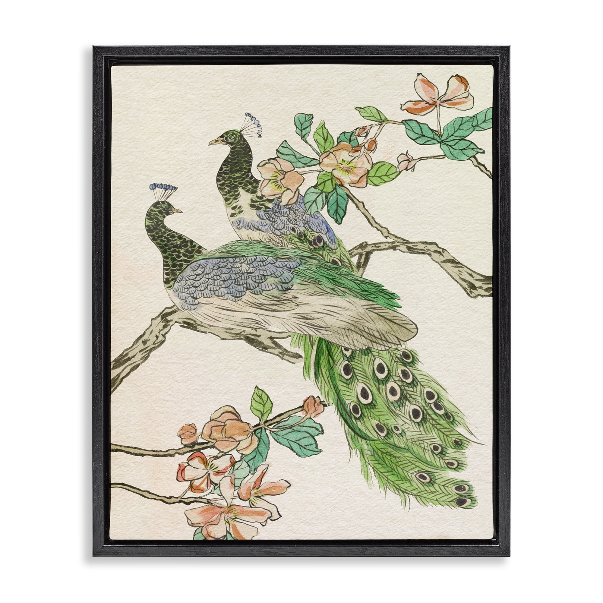 Stupell Industries Peacock Perched on Branch Animals & Insects Painting Black Floater Framed Canvas Art Print Wall Art, 25 x 31