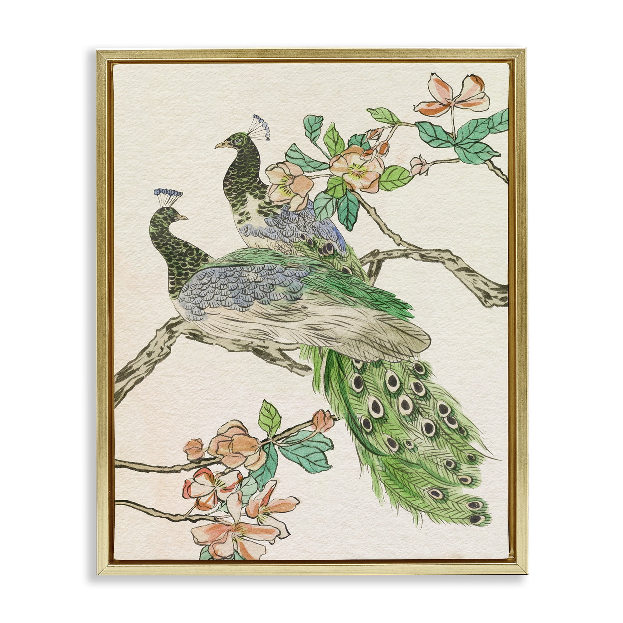 Stupell Industries Peacock Perched on Branch Animals & Insects Painting Gold Floater Framed Canvas Art Print Wall Art, 25 x 31