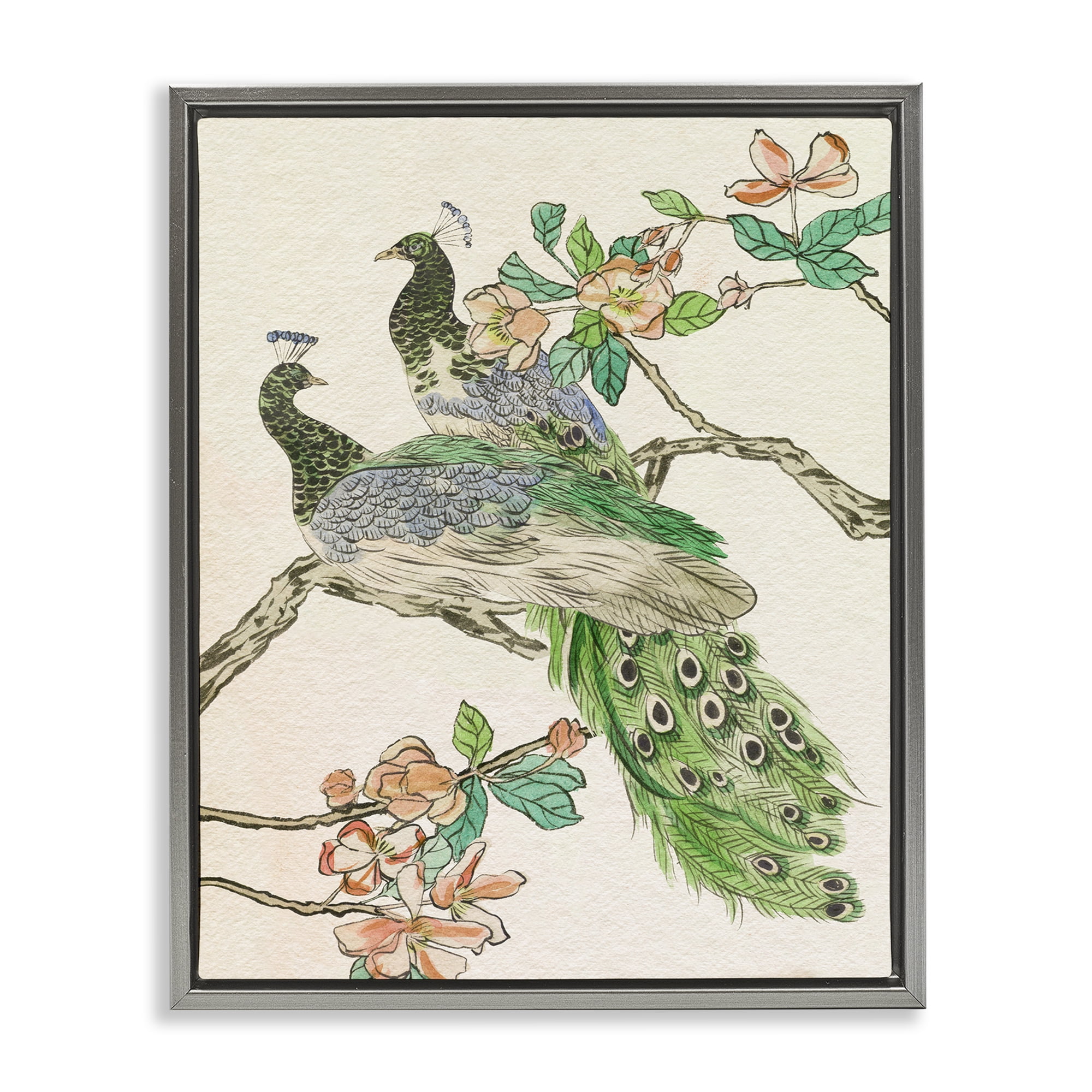 Stupell Industries Peacock Perched on Branch Animals & Insects Painting Gray Floater Framed Canvas Art Print Wall Art, 17 x 21