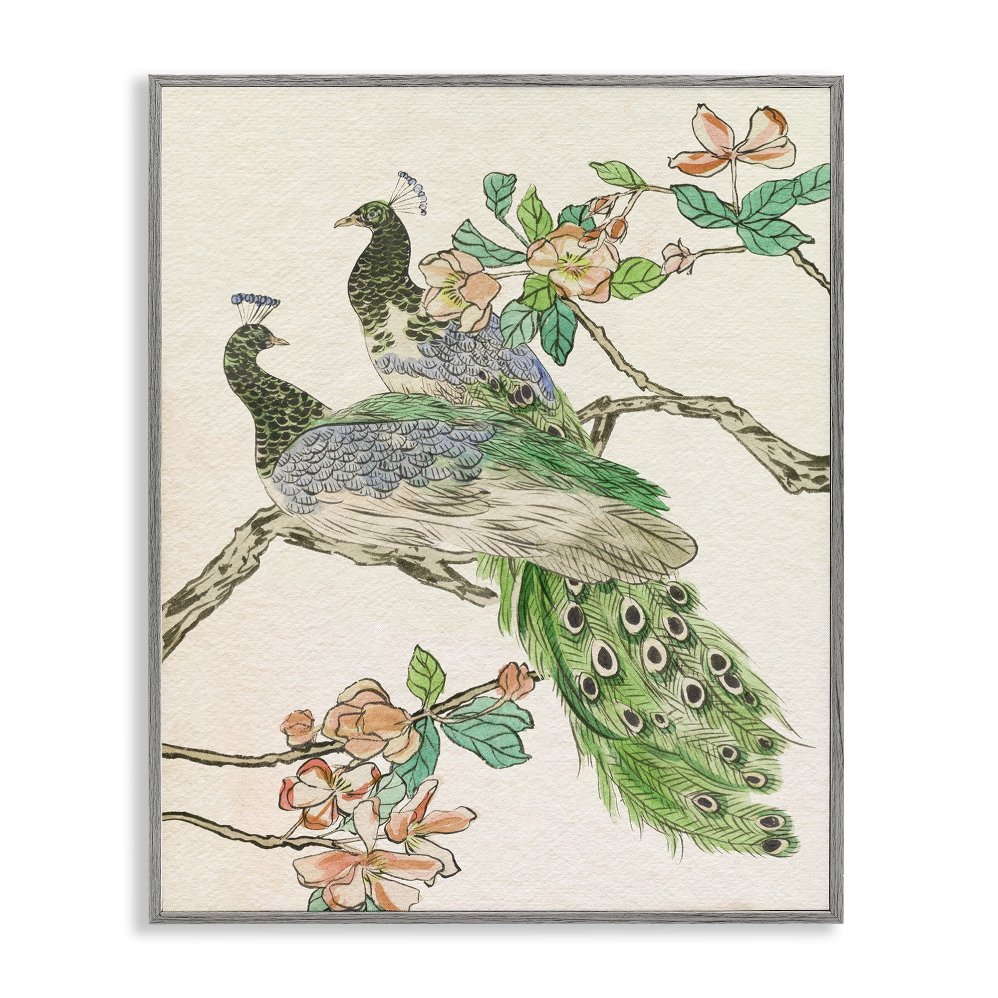 Stupell Industries Peacock Perched on Branch Animals & Insects Painting Gray Framed Art Print Wall Art, 24 x 30