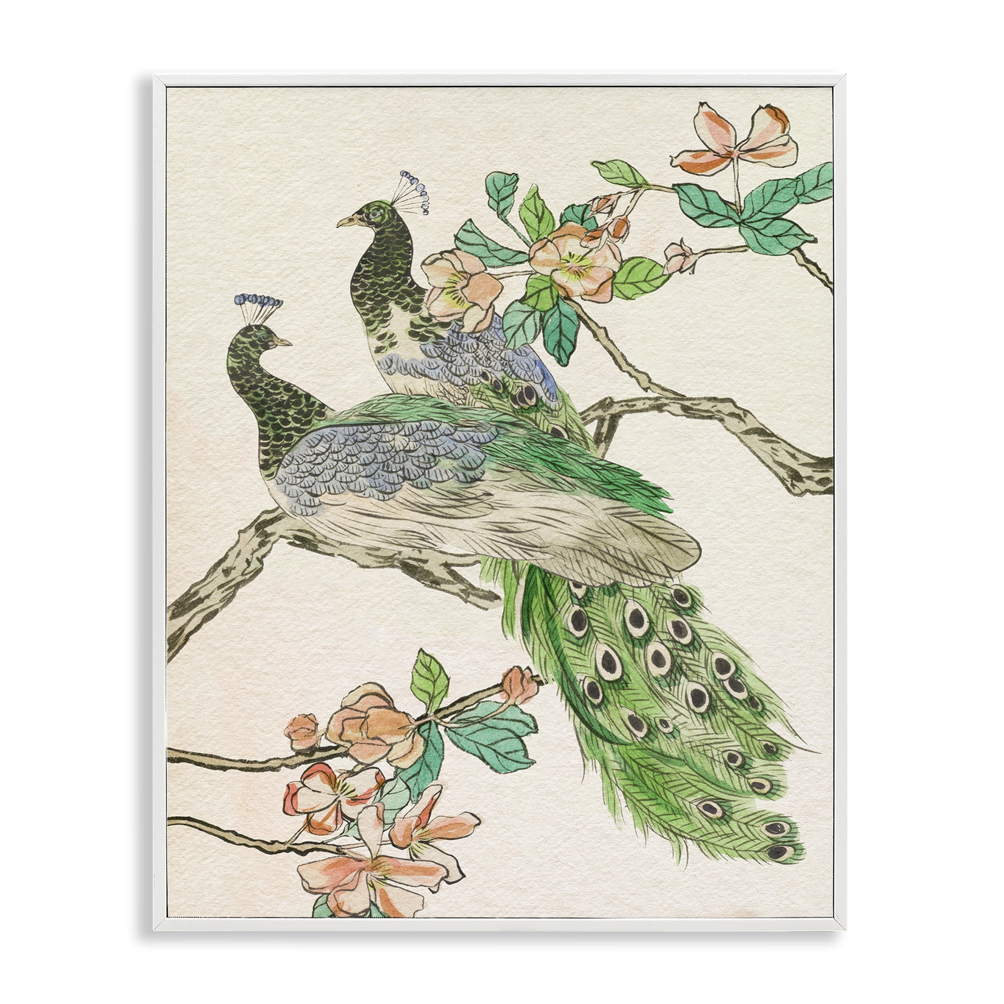 Stupell Industries Peacock Perched on Branch Animals & Insects Painting White Framed Art Print Wall Art, 11 x 14