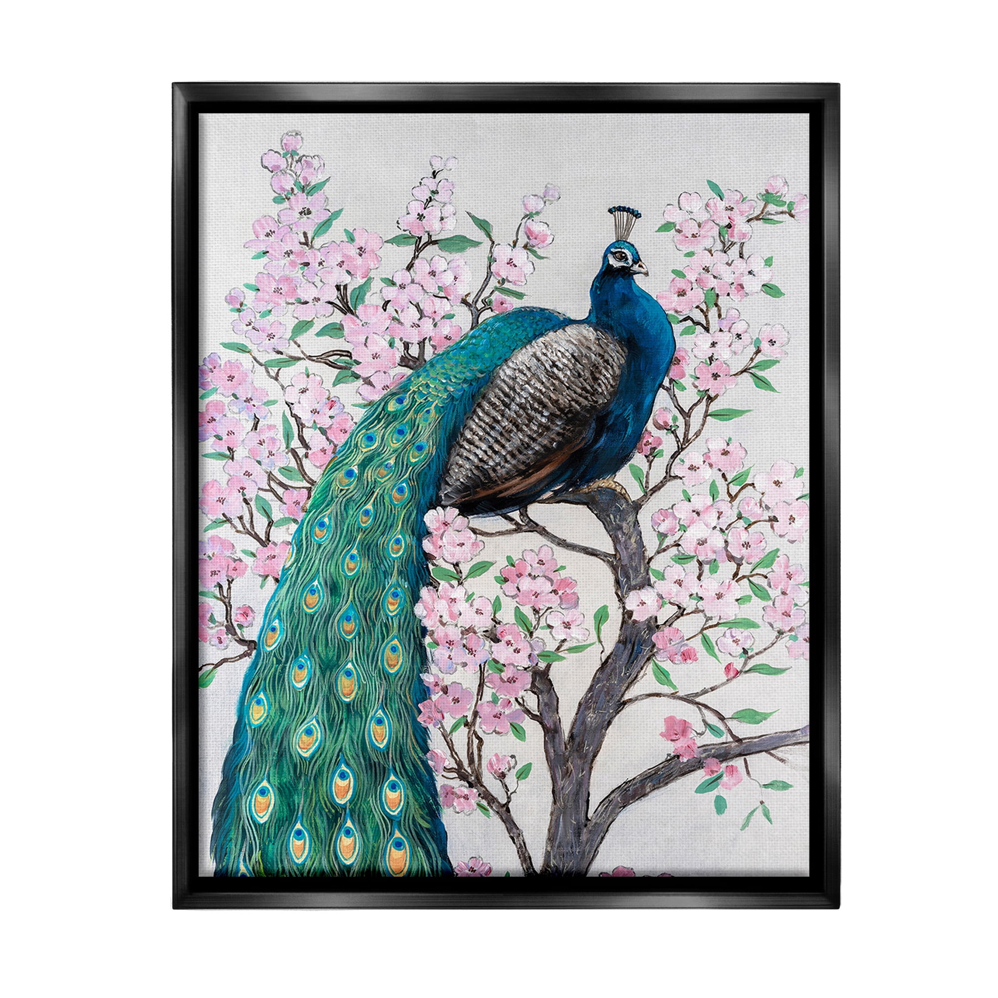Stupell Industries Peacock Perched on Florals Animals & Insects Painting Black Floater Framed Canvas Art Print Wall Art, 25 x 31
