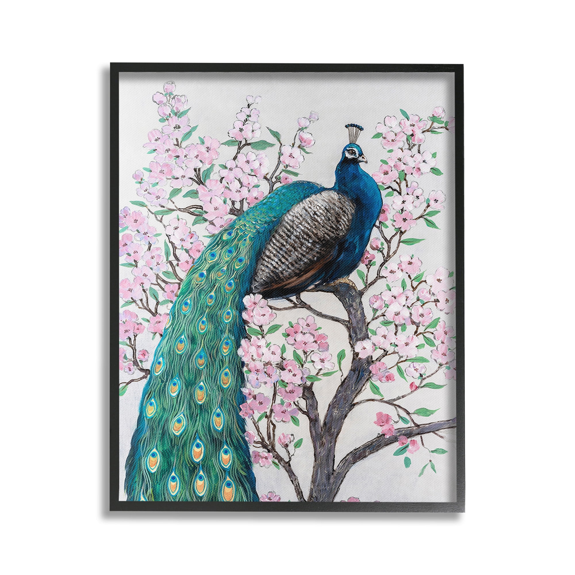 Stupell Industries Peacock Perched on Florals Animals & Insects Painting Black Framed Art Print Wall Art, 16 x 20