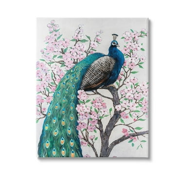 Stupell Industries Peacock Perched on Florals Animals & Insects Painting Gallery Wrapped Canvas Art Print Wall Art, 16 x 20