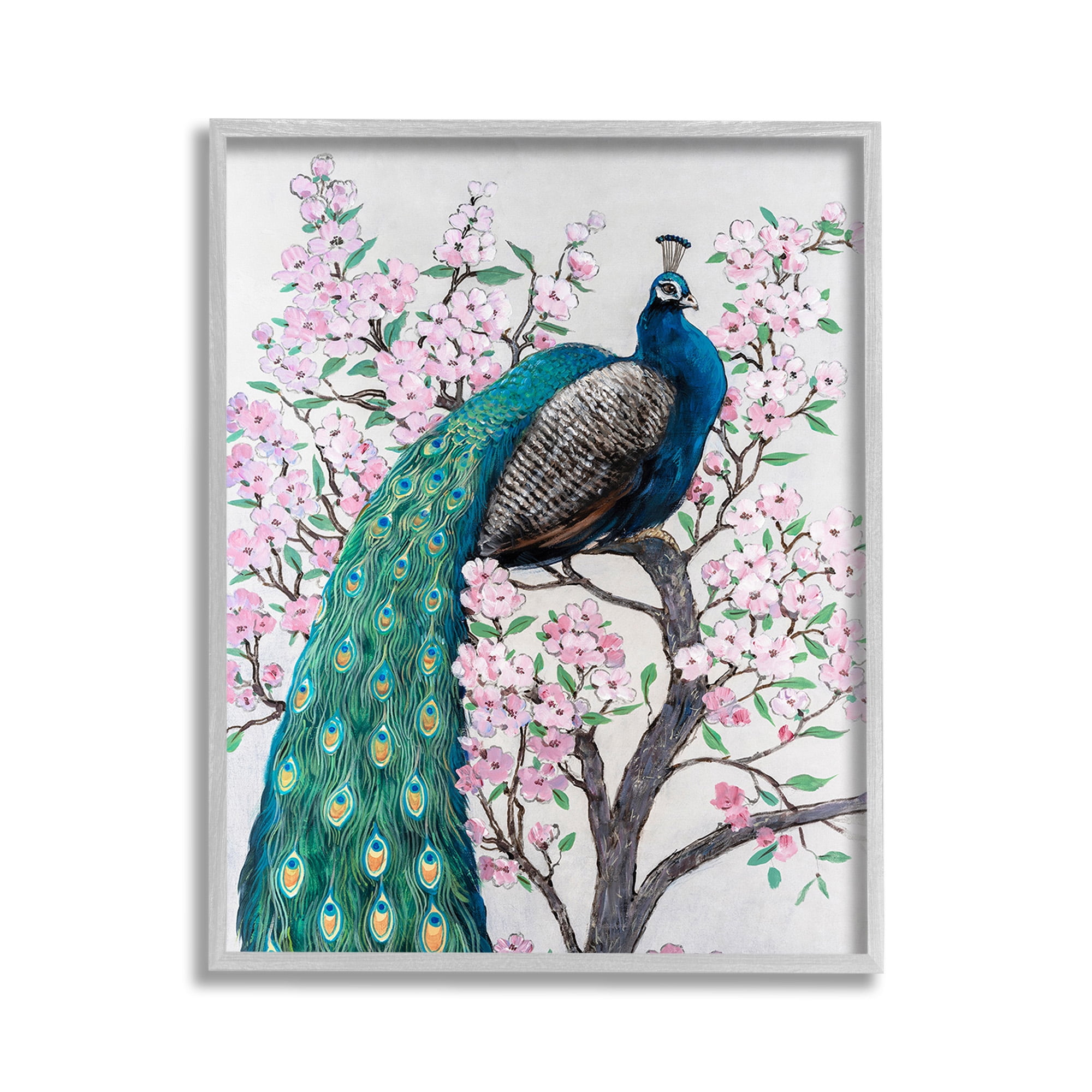 Stupell Industries Peacock Perched on Florals Animals & Insects Painting Gray Framed Art Print Wall Art, 11 x 14
