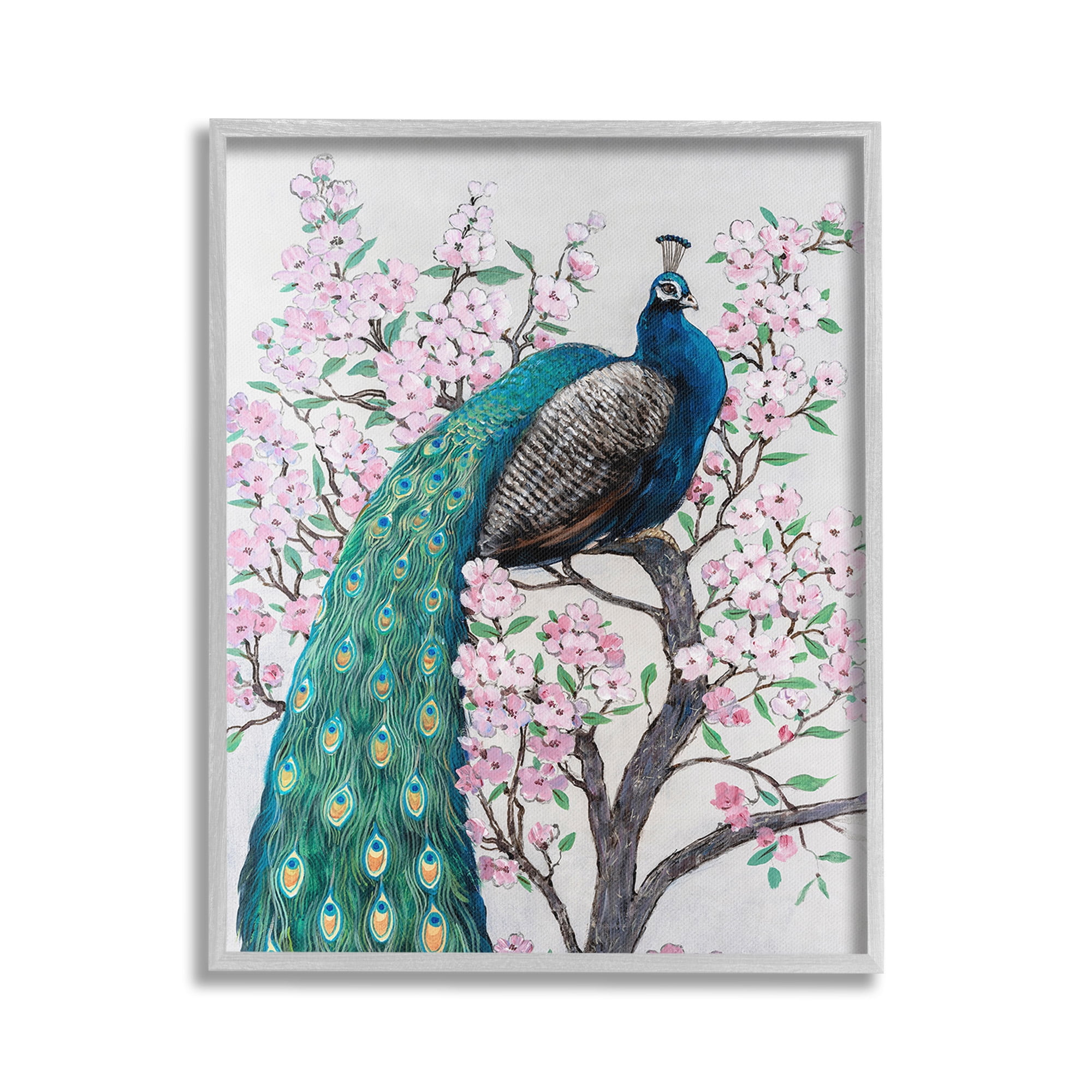 Stupell Industries Peacock Perched on Florals Animals & Insects Painting Gray Framed Art Print Wall Art, 16 x 20
