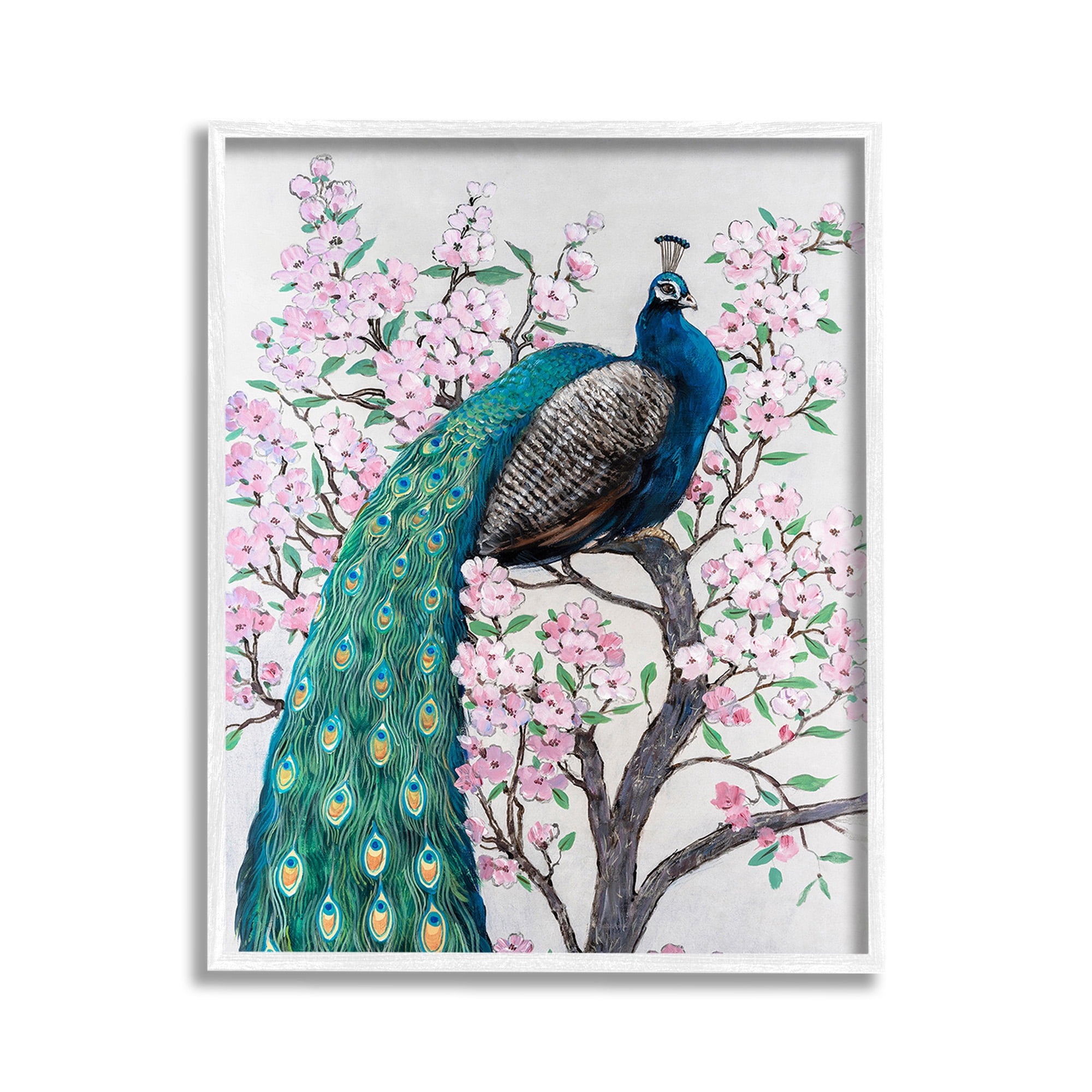 Stupell Industries Peacock Perched on Florals Animals & Insects Painting White Framed Art Print Wall Art, 11 x 14