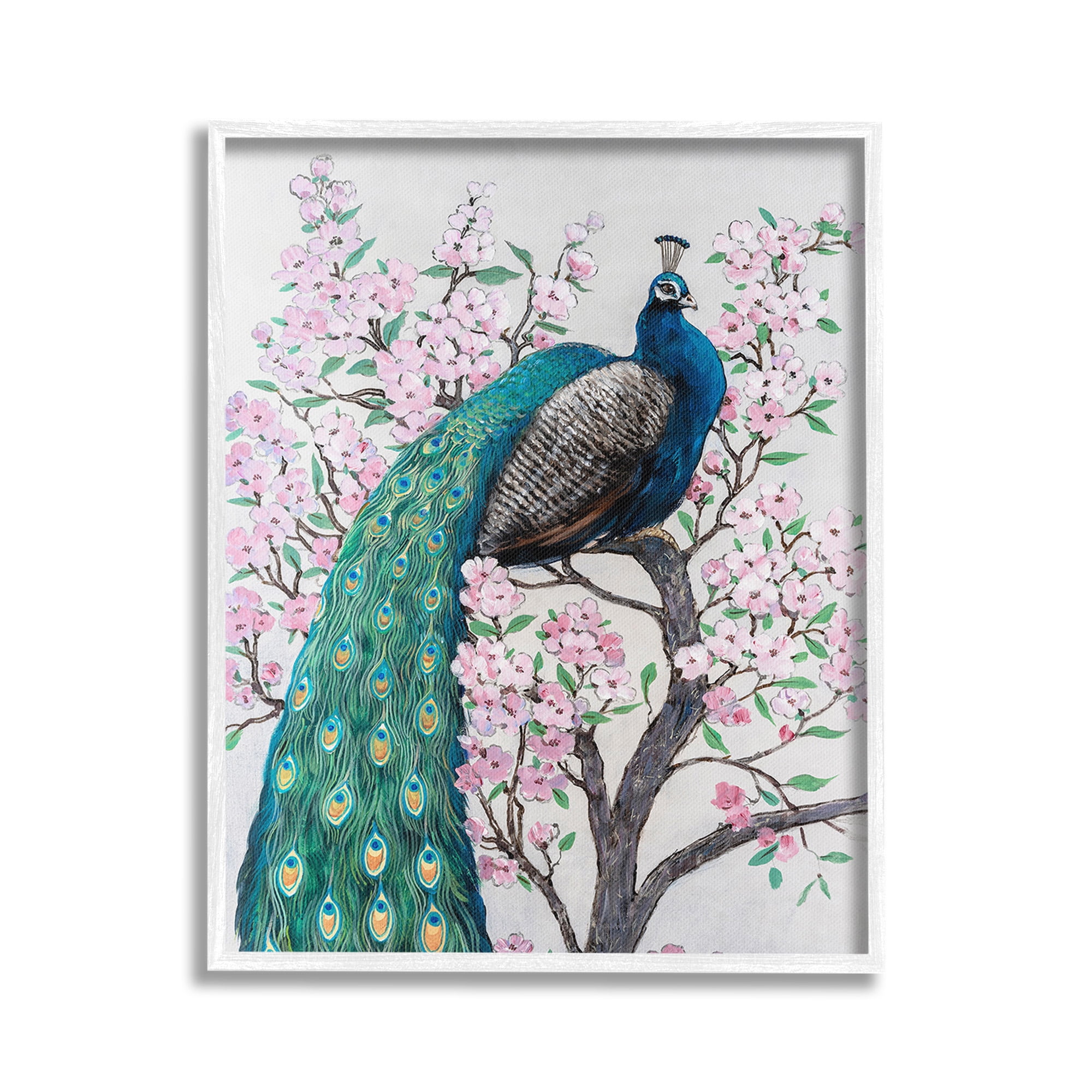 Stupell Industries Peacock Perched on Florals Animals & Insects Painting White Framed Art Print Wall Art, 24 x 30